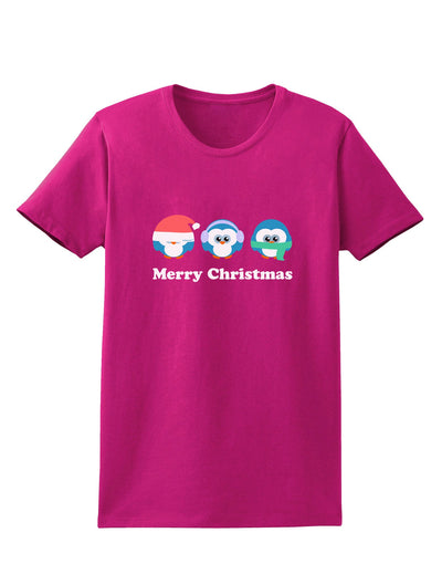 Merry Christmas Penguins See Hear Speak No Evil Womens Dark T-Shirt-TooLoud-Hot-Pink-Small-Davson Sales