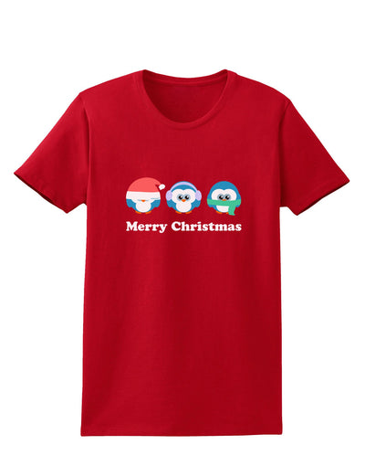 Merry Christmas Penguins See Hear Speak No Evil Womens Dark T-Shirt-TooLoud-Red-X-Small-Davson Sales