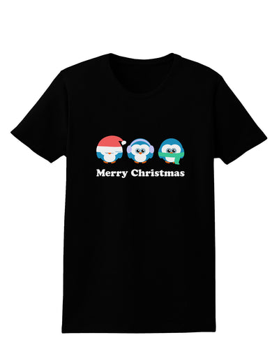 Merry Christmas Penguins See Hear Speak No Evil Womens Dark T-Shirt-TooLoud-Black-X-Small-Davson Sales