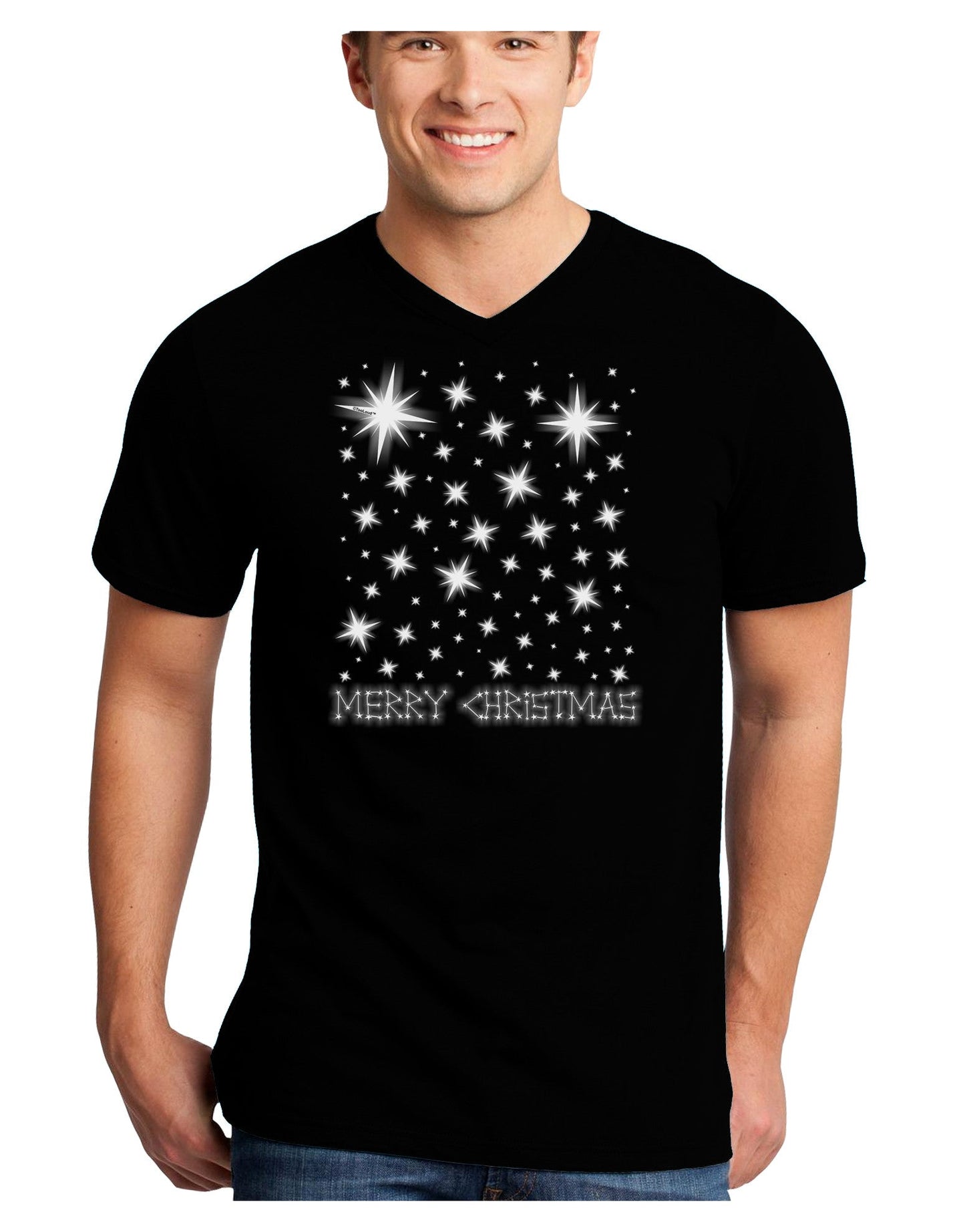 Merry Christmas Shining Night Stars Adult Dark V-Neck T-Shirt-TooLoud-Black-Small-Davson Sales