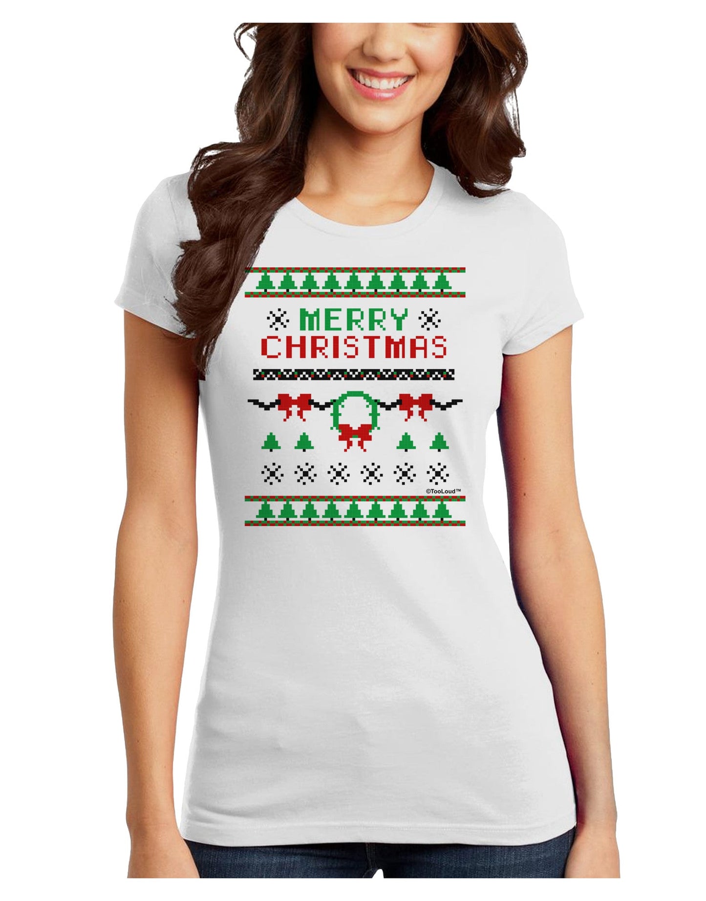 Merry Christmas Ugly Christmas Sweater Juniors T-Shirt-Womens Juniors T-Shirt-TooLoud-White-Juniors Fitted X-Small-Davson Sales