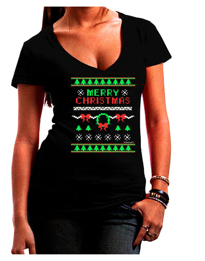 Merry Christmas Ugly Christmas Sweater Juniors V-Neck Dark T-Shirt-Womens V-Neck T-Shirts-TooLoud-Black-Juniors Fitted Small-Davson Sales