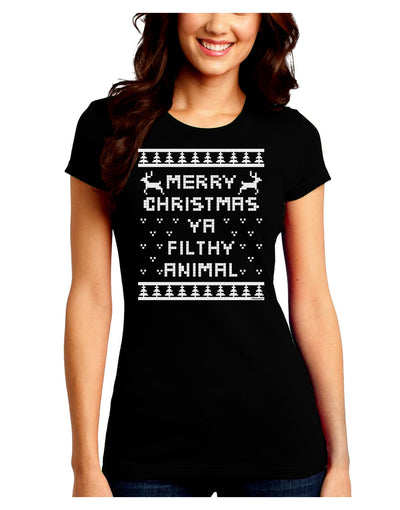 Merry Christmas Ya Filthy Animal Christmas Sweater Juniors Crew Dark T-Shirt-T-Shirts Juniors Tops-TooLoud-Black-Juniors Fitted Small-Davson Sales