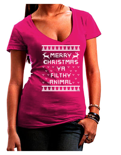 Merry Christmas Ya Filthy Animal Christmas Sweater Juniors V-Neck Dark T-Shirt-Womens V-Neck T-Shirts-TooLoud-Hot-Pink-Juniors Fitted Small-Davson Sales