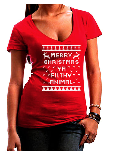 Merry Christmas Ya Filthy Animal Christmas Sweater Juniors V-Neck Dark T-Shirt-Womens V-Neck T-Shirts-TooLoud-Red-Juniors Fitted Small-Davson Sales