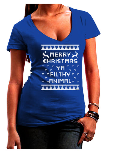 Merry Christmas Ya Filthy Animal Christmas Sweater Juniors V-Neck Dark T-Shirt-Womens V-Neck T-Shirts-TooLoud-Royal-Blue-Juniors Fitted Small-Davson Sales