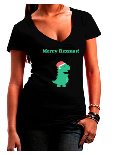 Merry Rexmas T-Rex Dinosaur Christmas Juniors V-Neck Dark T-Shirt-Womens V-Neck T-Shirts-TooLoud-Black-Juniors Fitted Small-Davson Sales