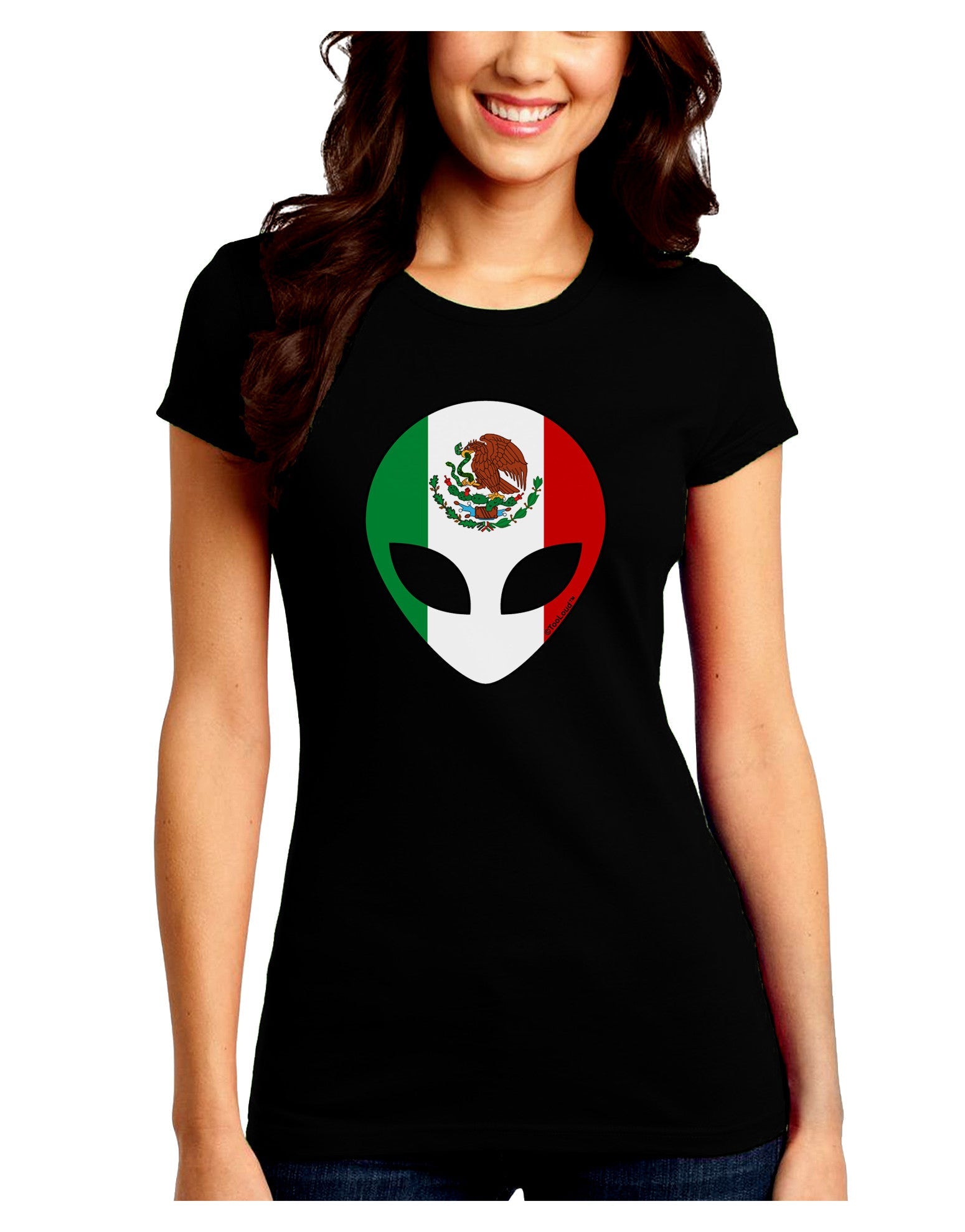 Mexican Flag Extraterrestrial Juniors Petite Crew Dark T-Shirt-T-Shirts Juniors Tops-TooLoud-Black-Juniors Fitted Small-Davson Sales