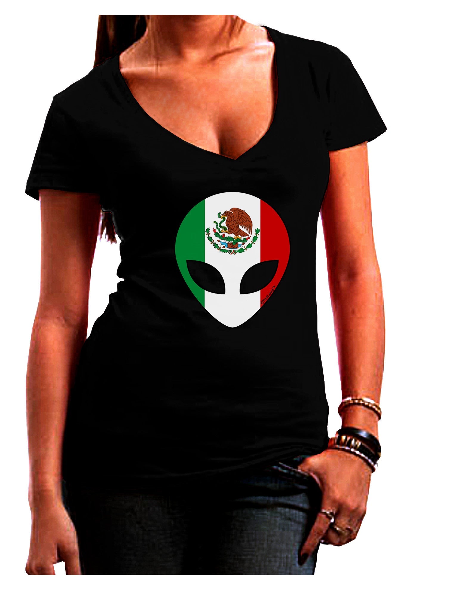 Mexican Flag Extraterrestrial Womens V-Neck Dark T-Shirt-Womens V-Neck T-Shirts-TooLoud-Black-Juniors Fitted Small-Davson Sales