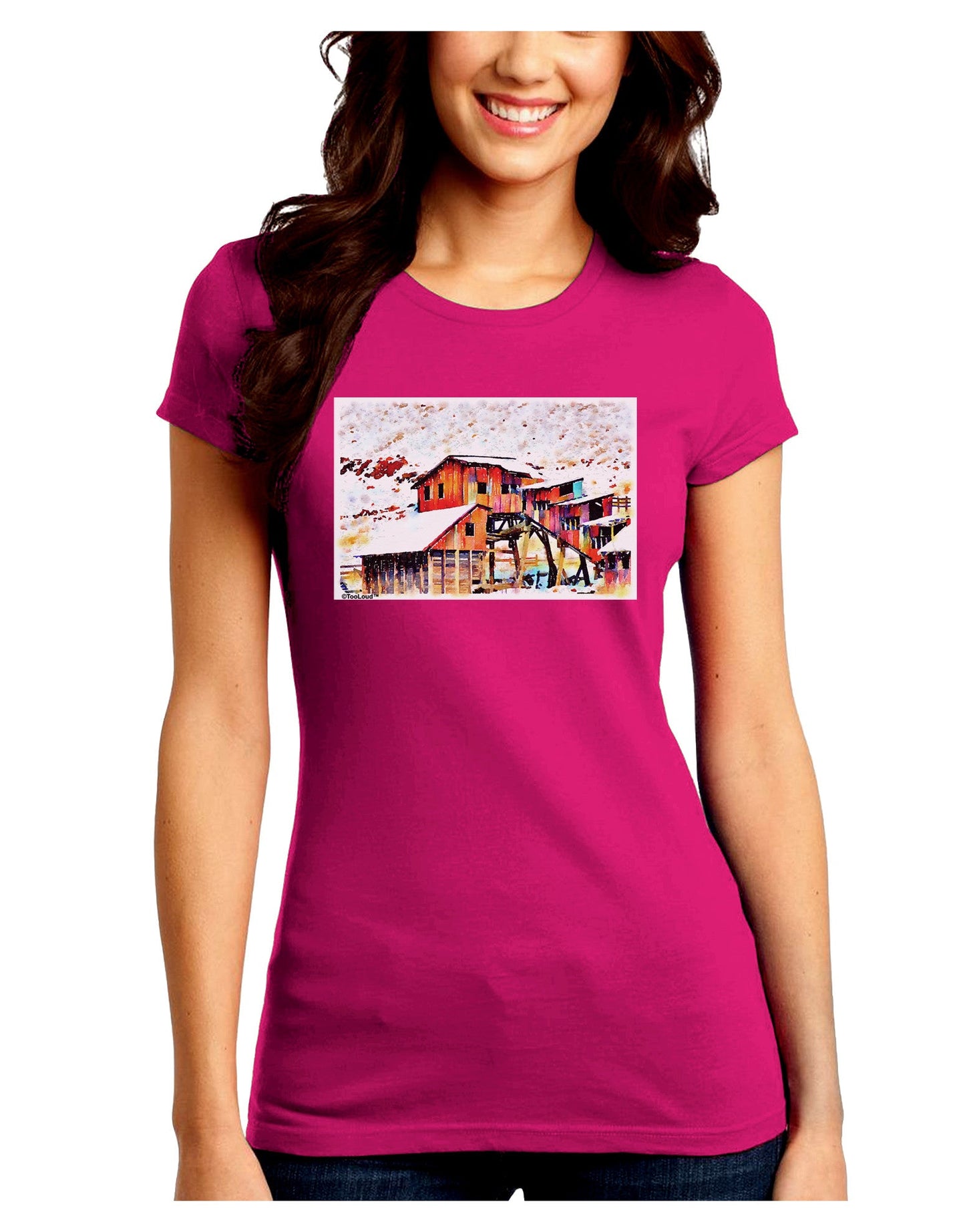 Mine Scene Colorado Watercolor Juniors Petite Crew Dark T-Shirt-T-Shirts Juniors Tops-TooLoud-Hot-Pink-Juniors Fitted Small-Davson Sales