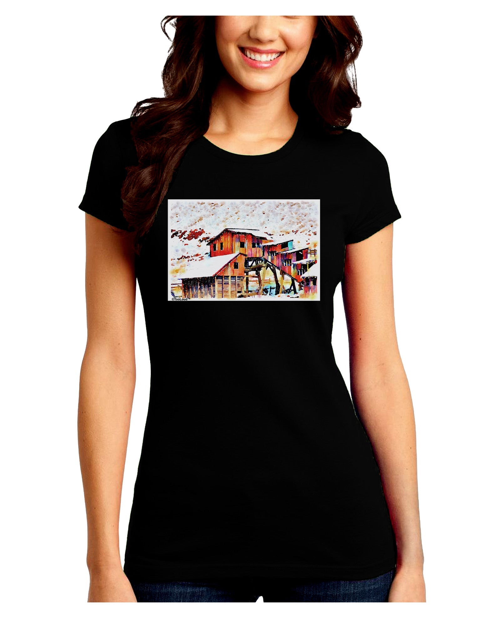 Mine Scene Colorado Watercolor Juniors Petite Crew Dark T-Shirt-T-Shirts Juniors Tops-TooLoud-Black-Juniors Fitted Small-Davson Sales