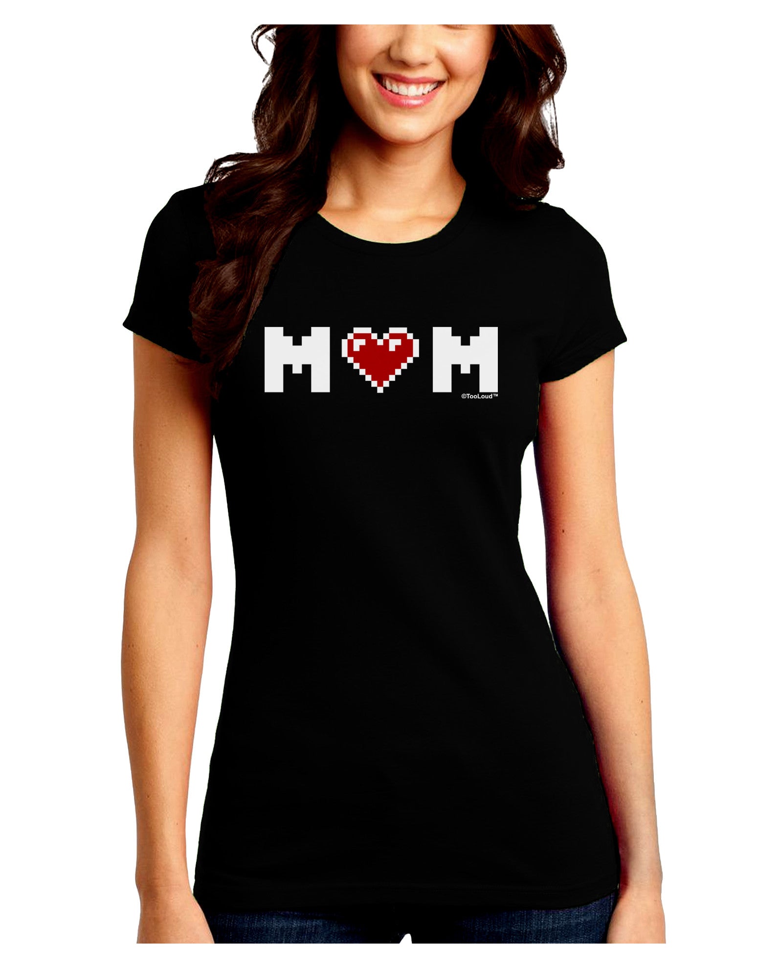 Mom Pixel Heart Juniors Crew Dark T-Shirt-T-Shirts Juniors Tops-TooLoud-Black-Juniors Fitted Small-Davson Sales