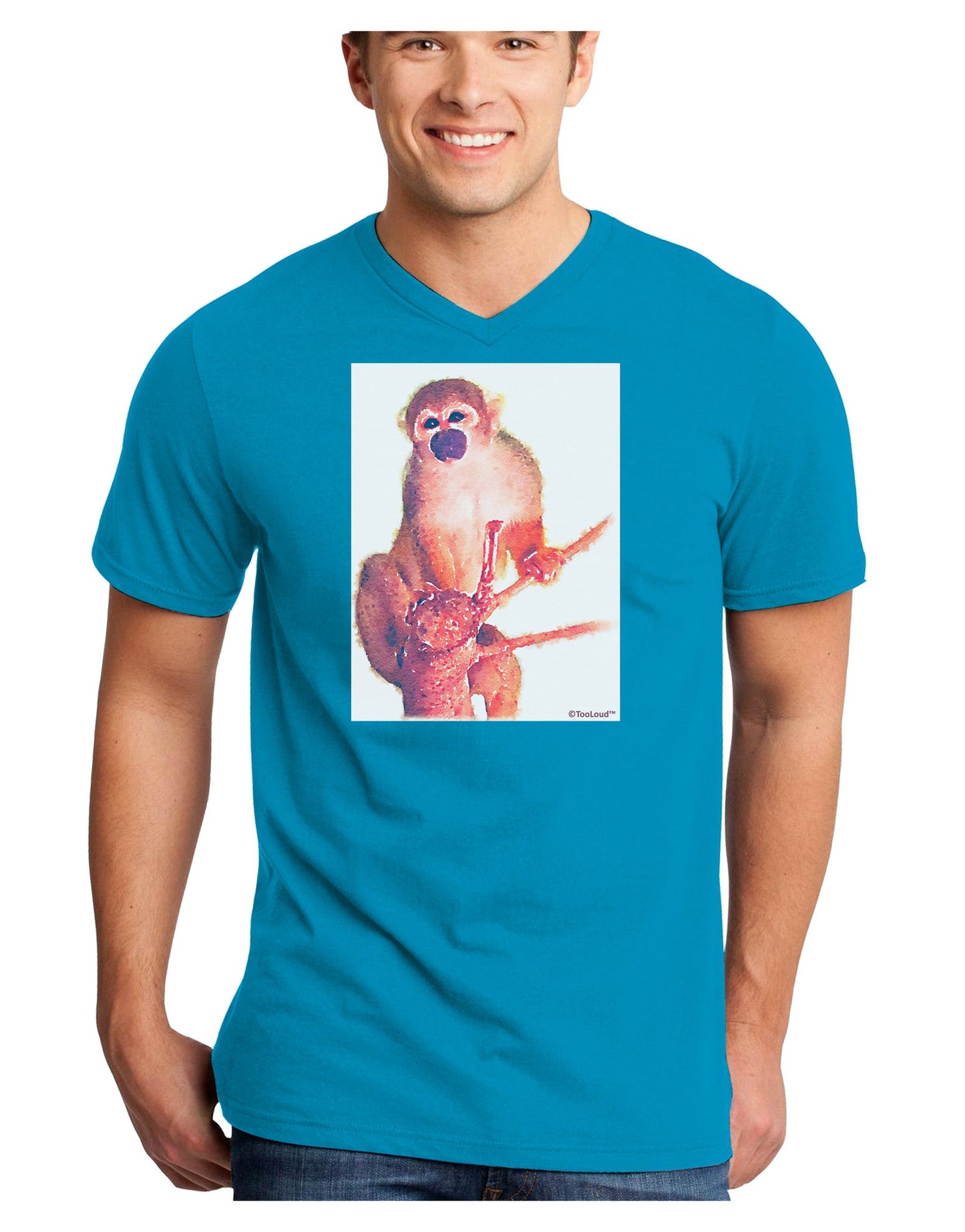 Monkey in Tree Watercolor Adult Dark V-Neck T-Shirt-TooLoud-Turquoise-Small-Davson Sales