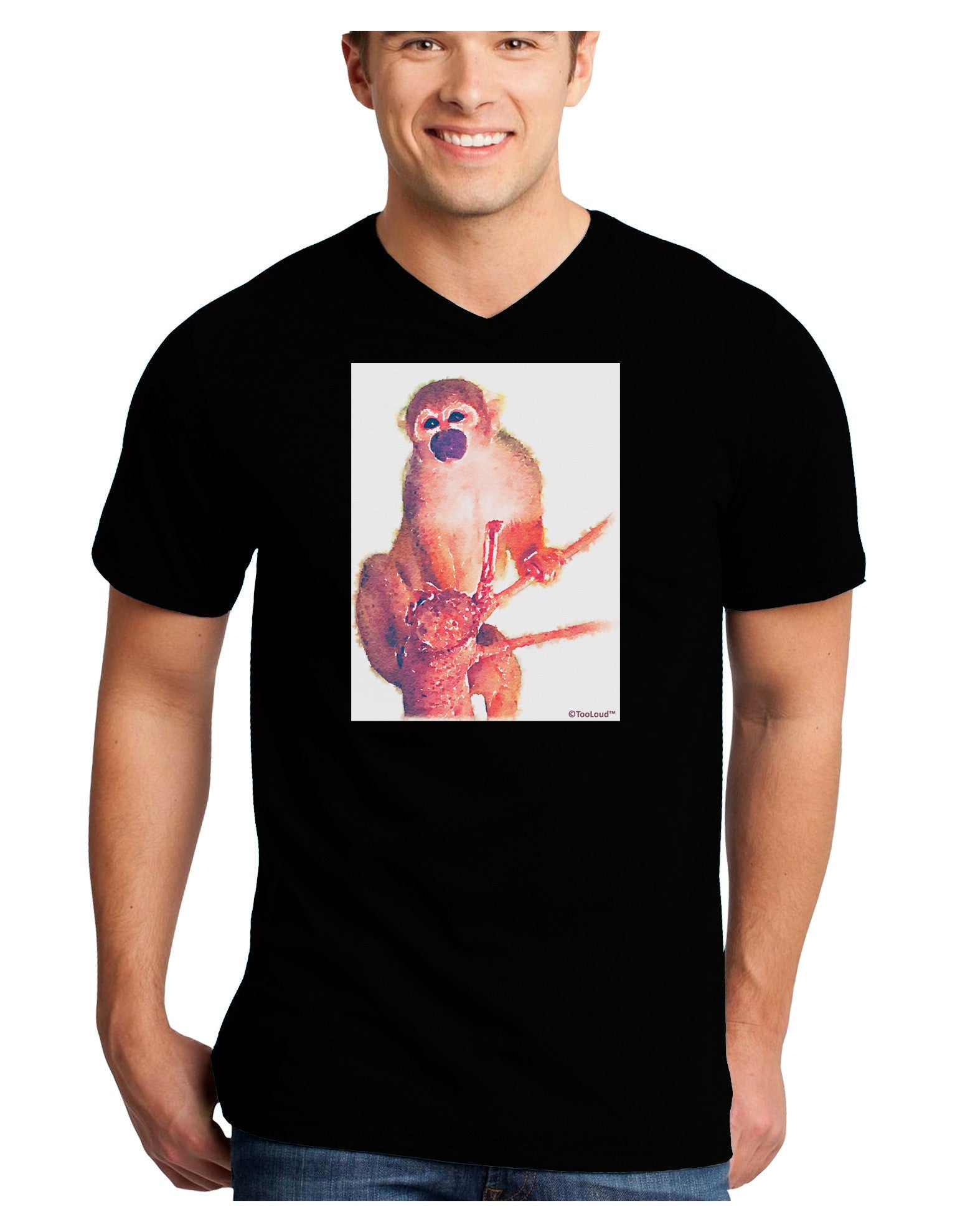 Monkey in Tree Watercolor Adult Dark V-Neck T-Shirt-TooLoud-Black-Small-Davson Sales