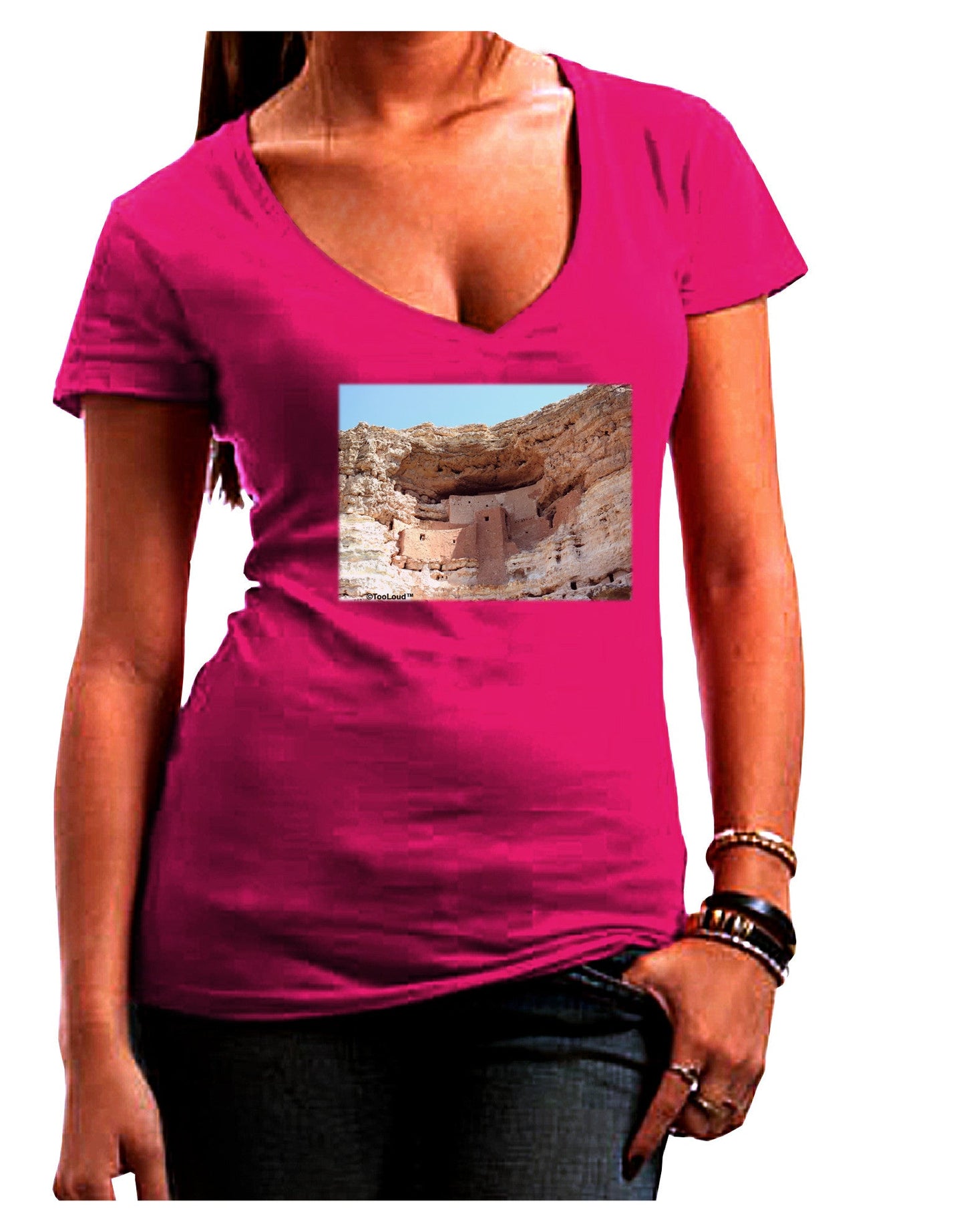 Montezuma Castle Arizona Womens V-Neck Dark T-Shirt-Womens V-Neck T-Shirts-TooLoud-Hot-Pink-Juniors Fitted Small-Davson Sales