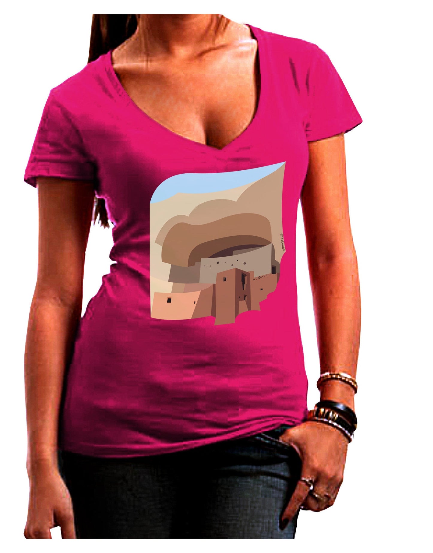 Montezuma Castle Artwork Womens V-Neck Dark T-Shirt-Womens V-Neck T-Shirts-TooLoud-Hot-Pink-Juniors Fitted Small-Davson Sales
