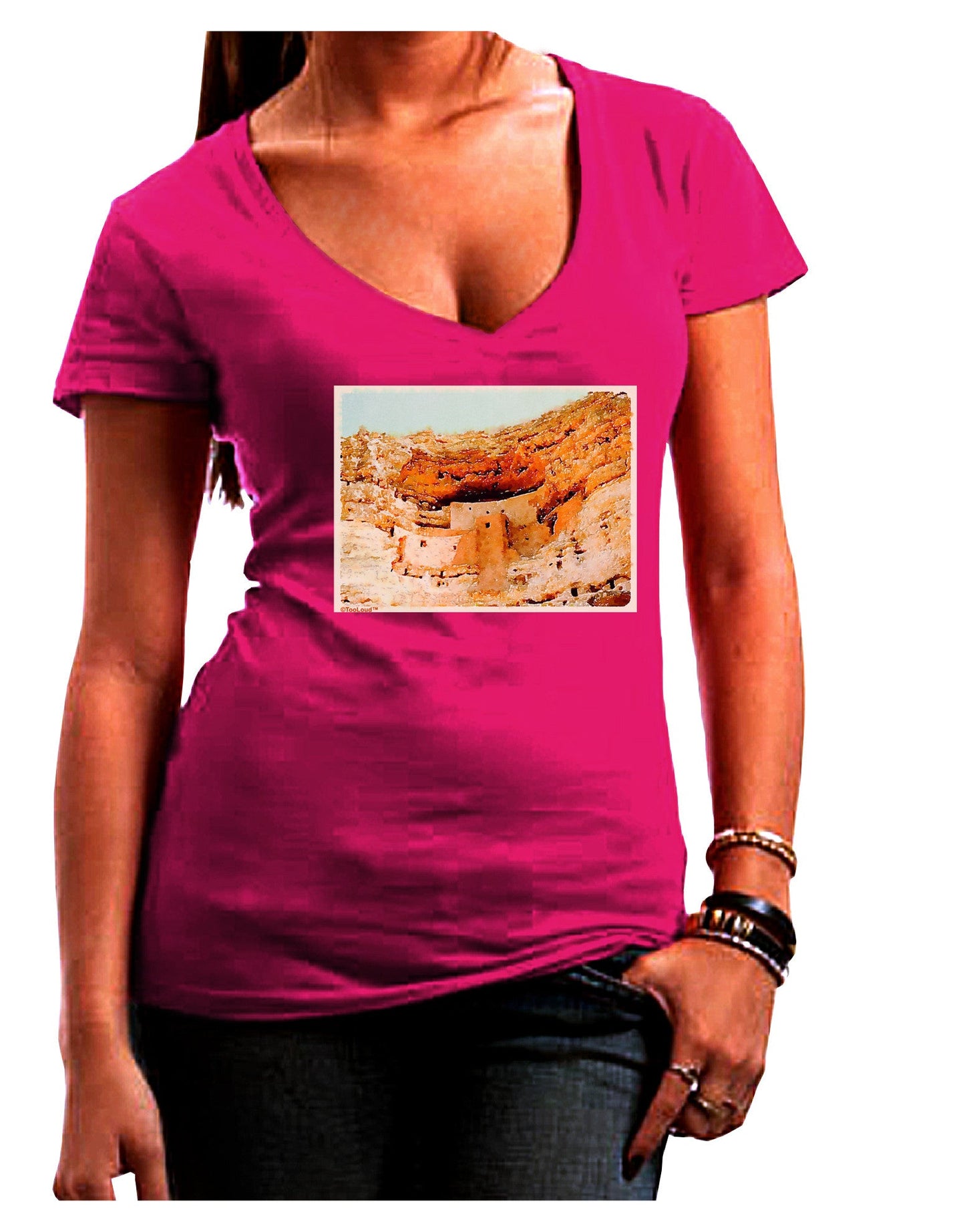 Montezuma Castle Watercolor Womens V-Neck Dark T-Shirt-Womens V-Neck T-Shirts-TooLoud-Hot-Pink-Juniors Fitted Small-Davson Sales