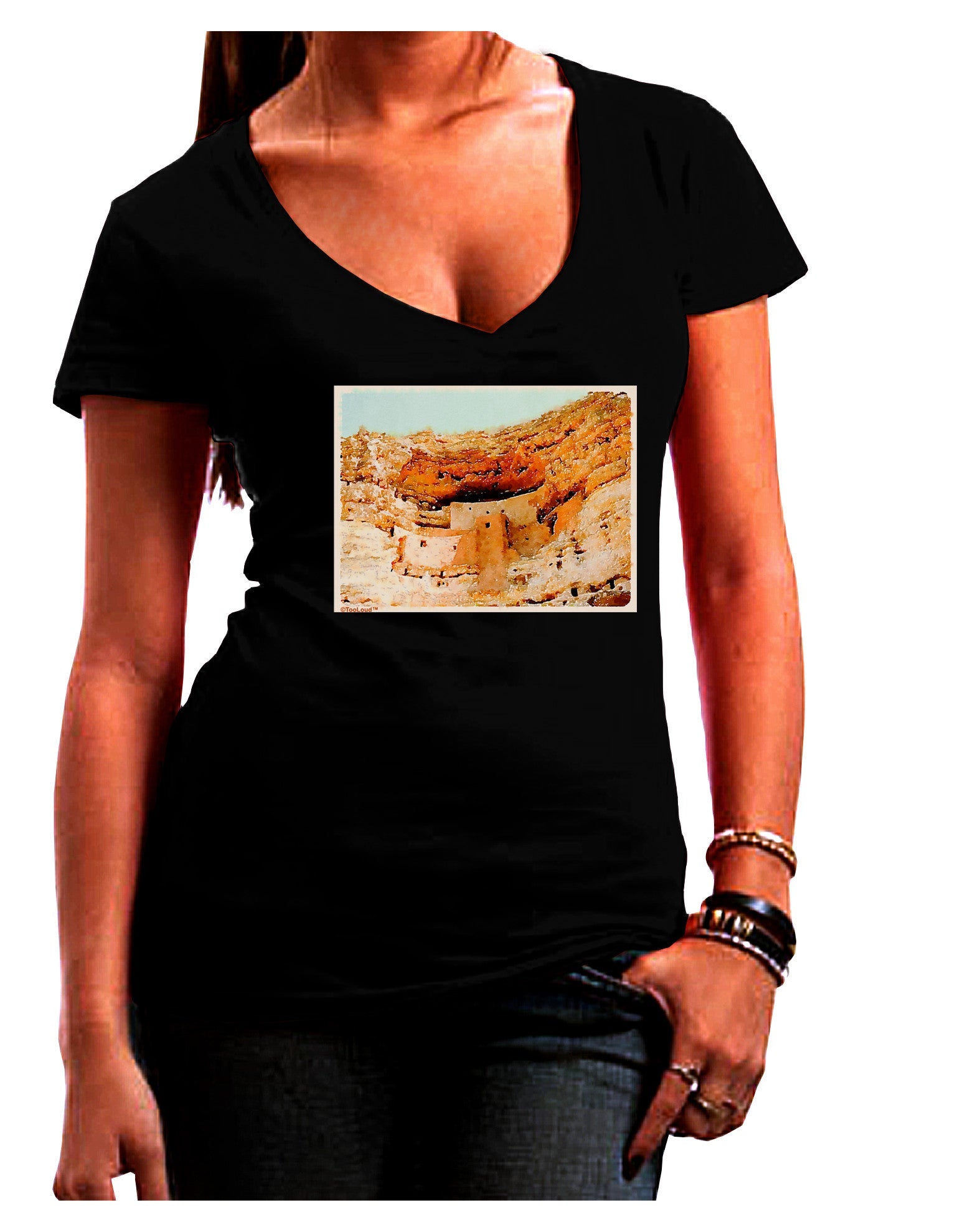 Montezuma Castle Watercolor Womens V-Neck Dark T-Shirt-Womens V-Neck T-Shirts-TooLoud-Black-Juniors Fitted Small-Davson Sales