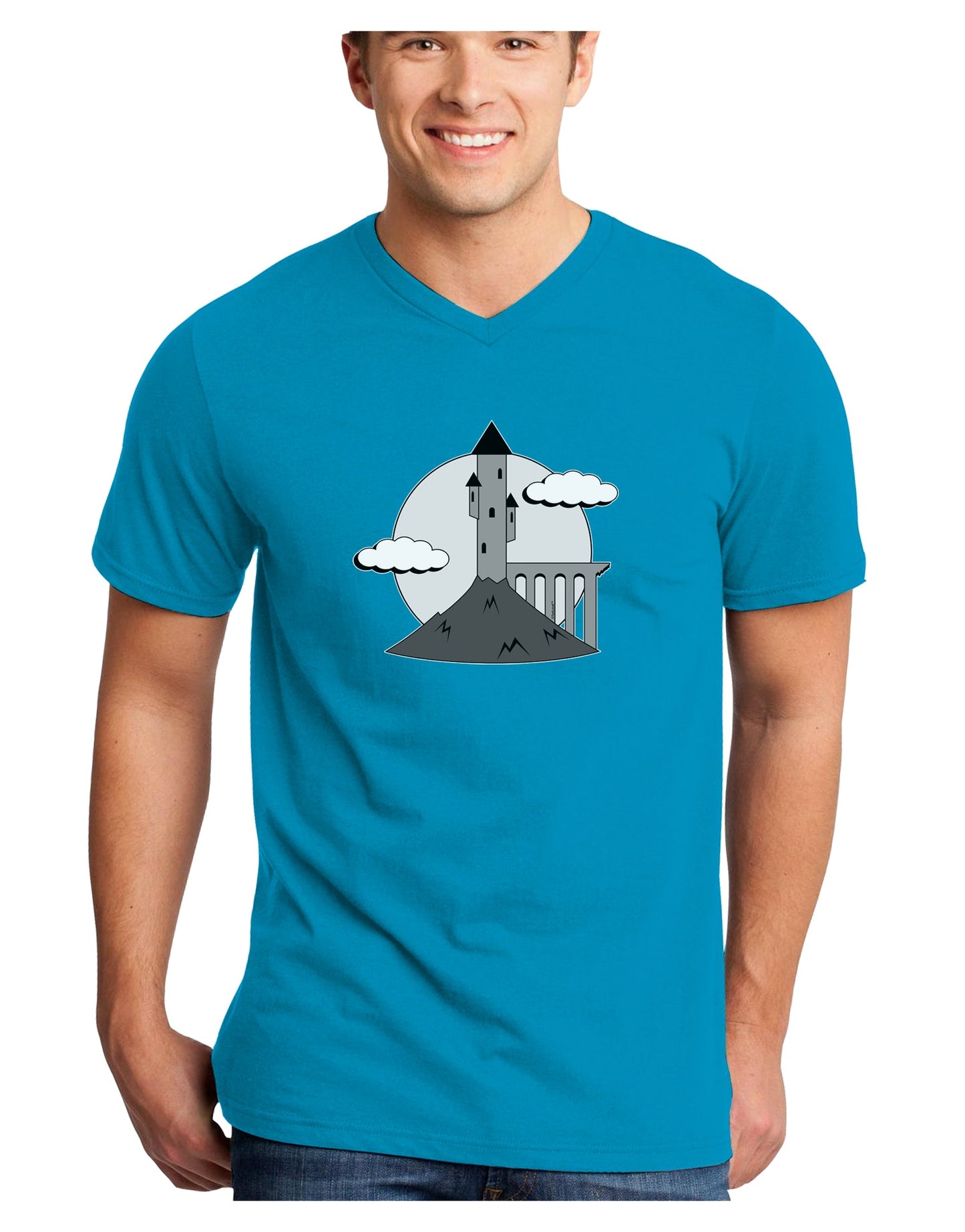 Moonlit Wizard Tower - Grayscale Adult Dark V-Neck T-Shirt-Mens V-Neck T-Shirt-TooLoud-Turquoise-Small-Davson Sales