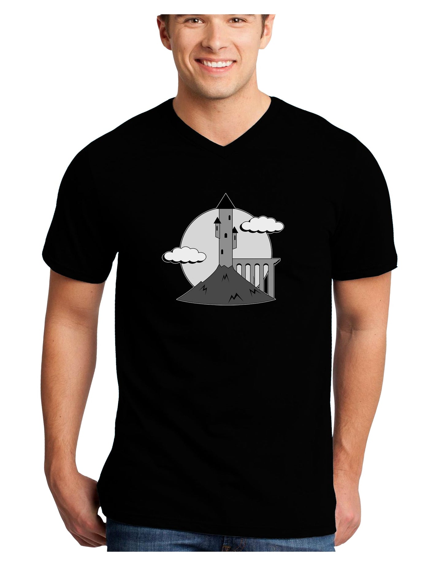 Moonlit Wizard Tower - Grayscale Adult Dark V-Neck T-Shirt-Mens V-Neck T-Shirt-TooLoud-Black-Small-Davson Sales