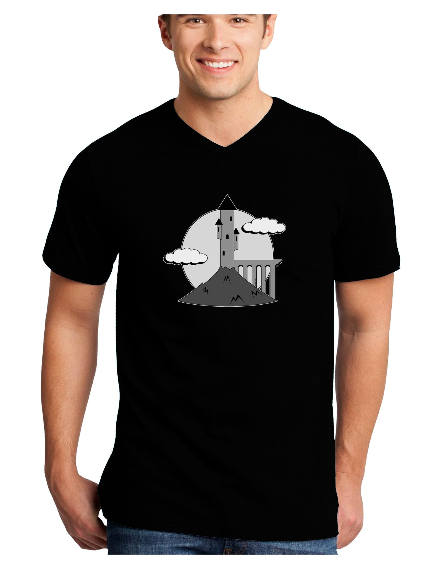 Moonlit Wizard Tower - Grayscale Adult Dark V-Neck T-Shirt-Mens V-Neck T-Shirt-TooLoud-Black-Small-Davson Sales