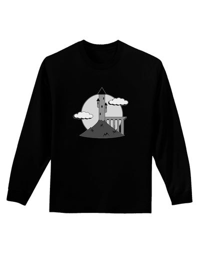 Moonlit Wizard Tower - Grayscale Adult Long Sleeve Dark T-Shirt-TooLoud-Black-Small-Davson Sales