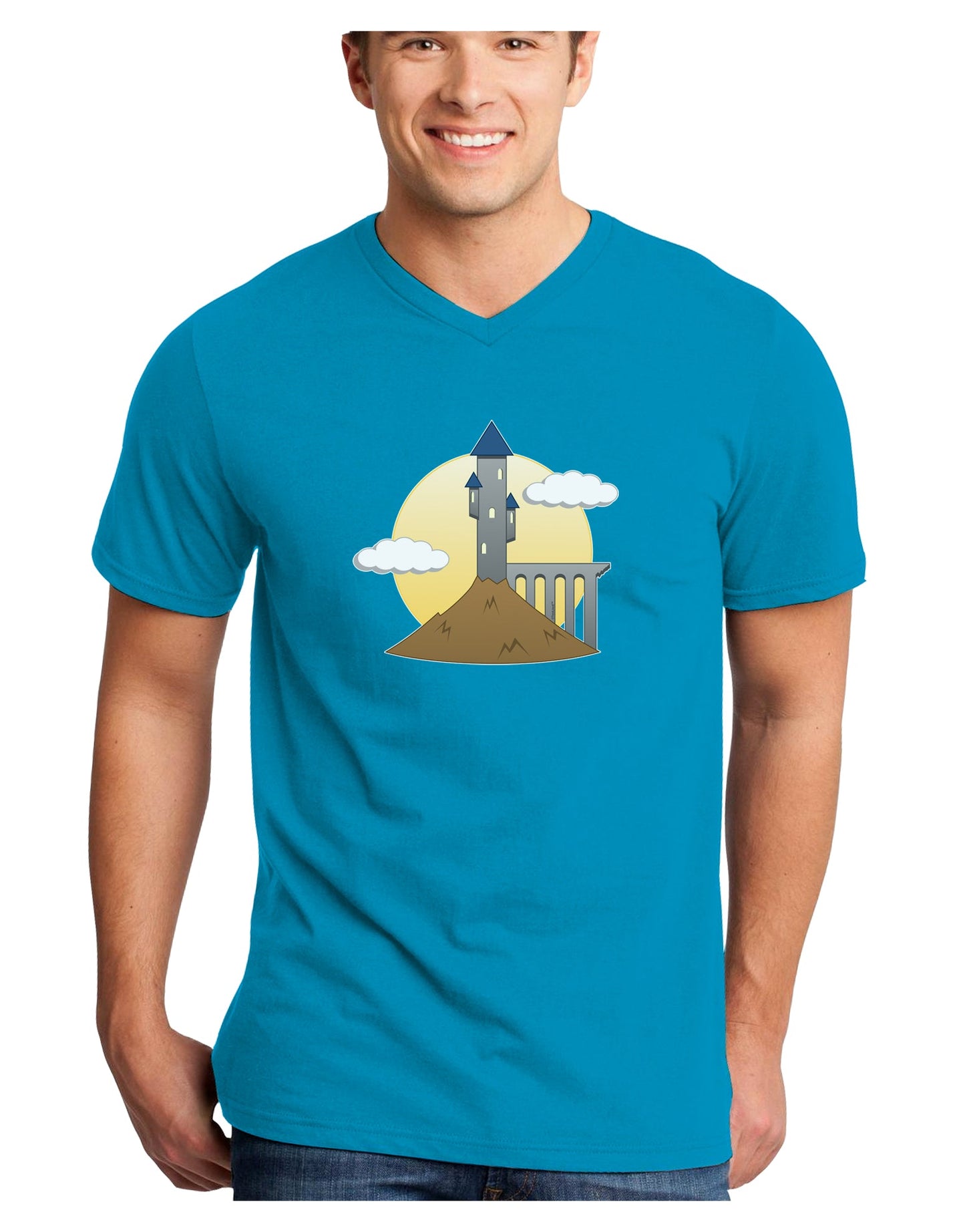 Moonlit Wizard Tower - Halloween Adult Dark V-Neck T-Shirt-Mens V-Neck T-Shirt-TooLoud-Turquoise-Small-Davson Sales