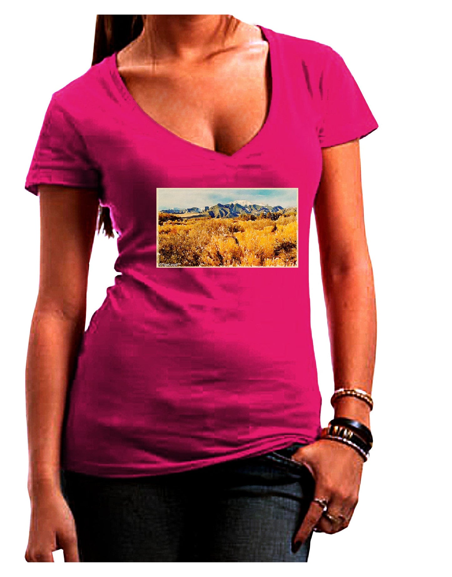 Mountain Forest Park Watercolor Womens V-Neck Dark T-Shirt-Womens V-Neck T-Shirts-TooLoud-Hot-Pink-Juniors Fitted Small-Davson Sales