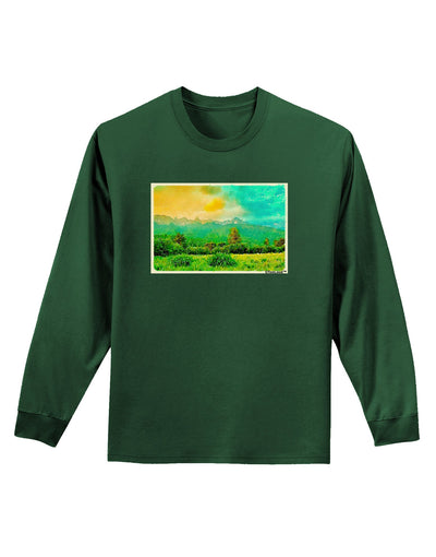 Mountain Sunset Watercolor Adult Long Sleeve Dark T-Shirt-TooLoud-Dark-Green-Small-Davson Sales