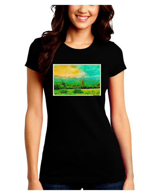 Mountain Sunset Watercolor Juniors Crew Dark T-Shirt-T-Shirts Juniors Tops-TooLoud-Black-Juniors Fitted Small-Davson Sales