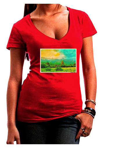 Mountain Sunset Watercolor Juniors V-Neck Dark T-Shirt-Womens V-Neck T-Shirts-TooLoud-Red-Juniors Fitted Small-Davson Sales