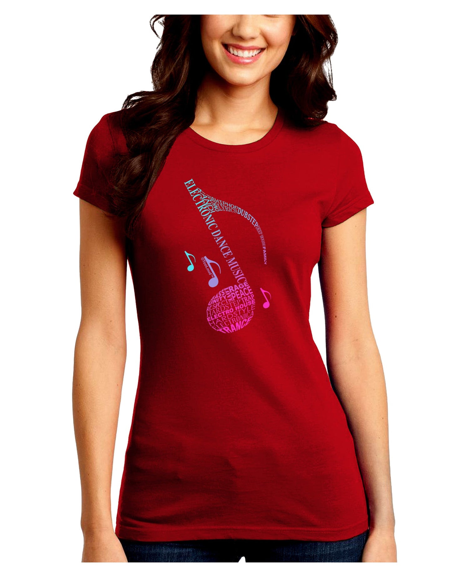 Music Note Typography Juniors Petite Crew Dark T-Shirt-T-Shirts Juniors Tops-TooLoud-Red-Juniors Fitted Small-Davson Sales