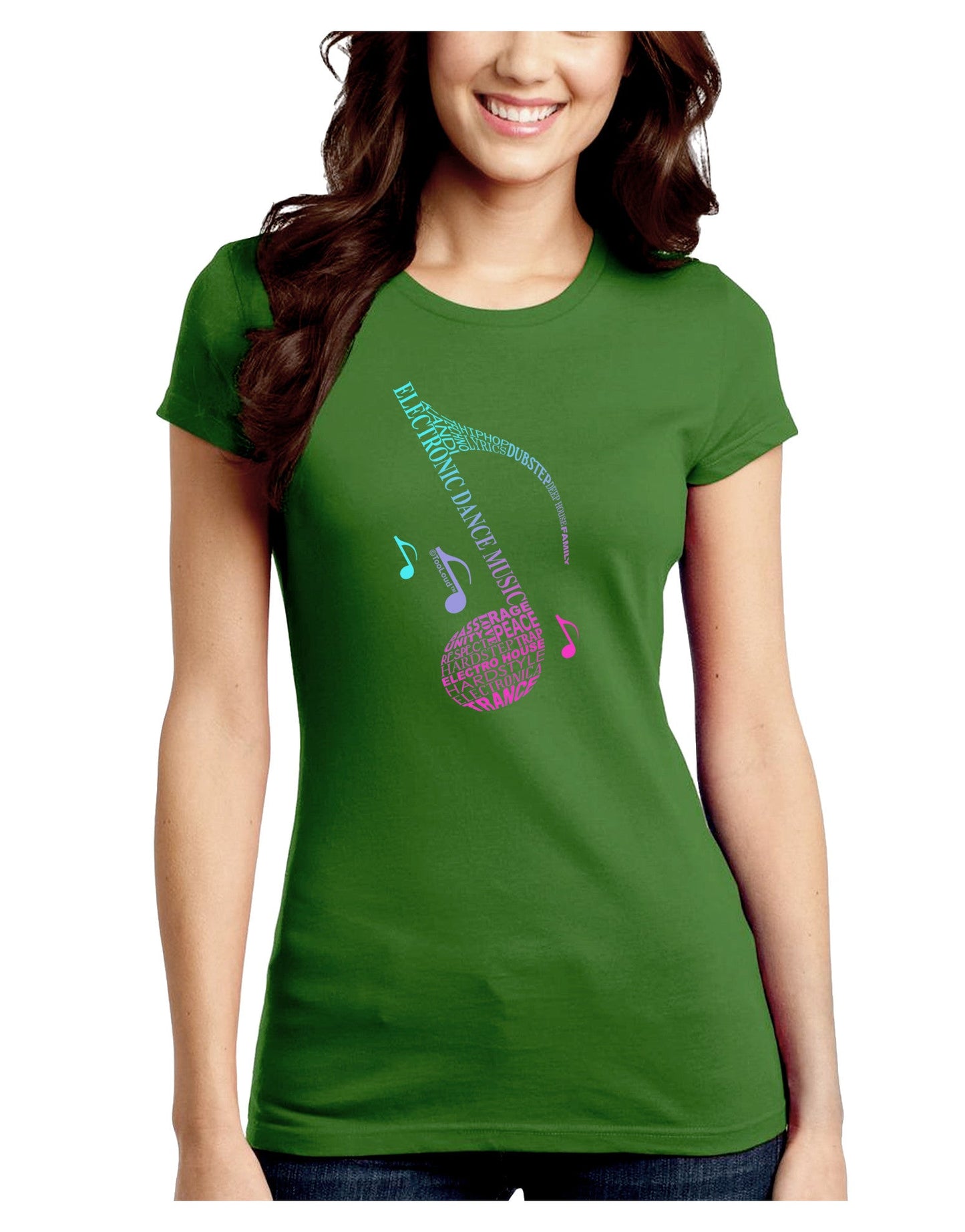 Music Note Typography Juniors Petite Crew Dark T-Shirt-T-Shirts Juniors Tops-TooLoud-Kiwi-Green-Juniors Fitted Small-Davson Sales