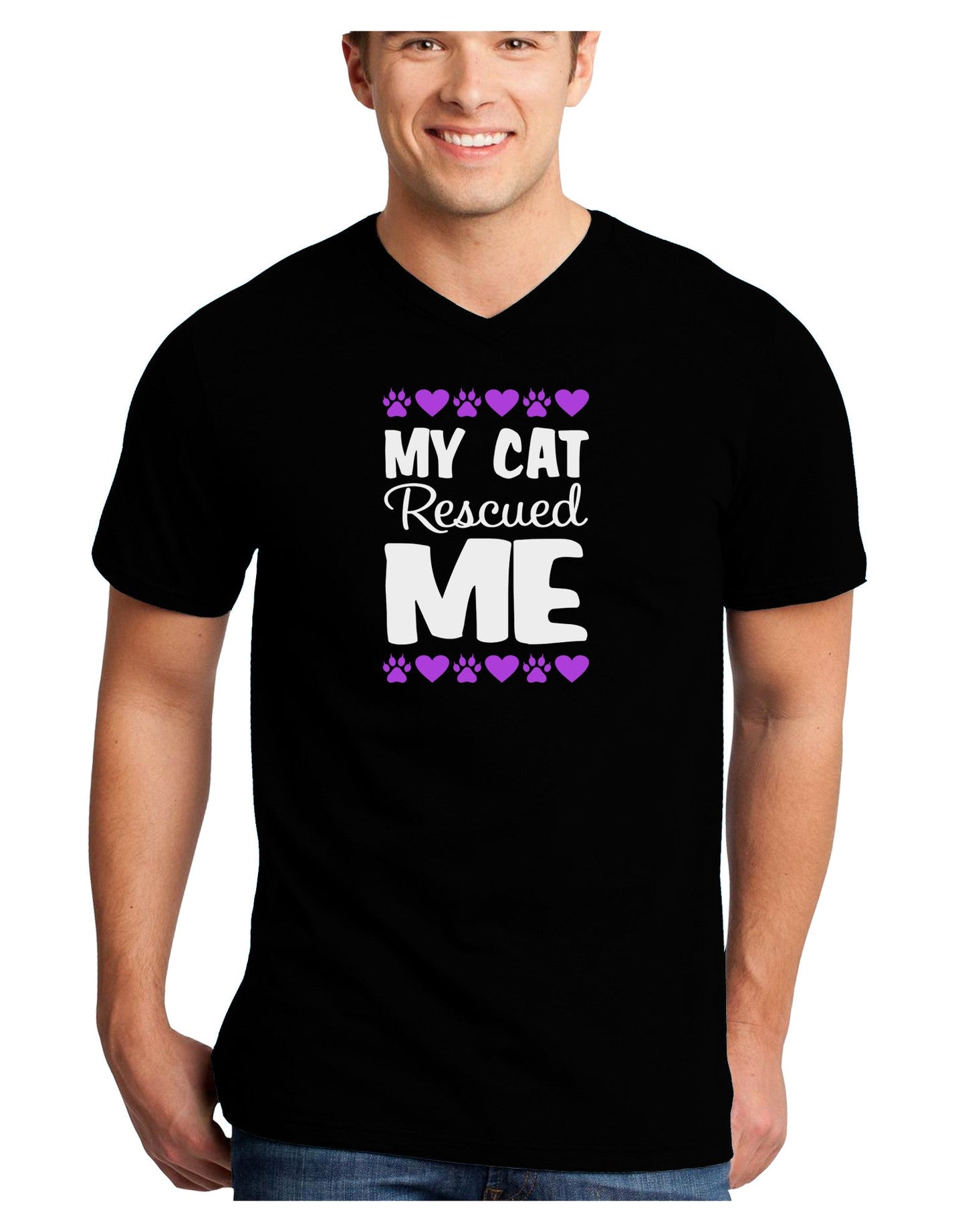 My Cat Rescued Me Adult Dark V-Neck T-Shirt-TooLoud-Black-Small-Davson Sales
