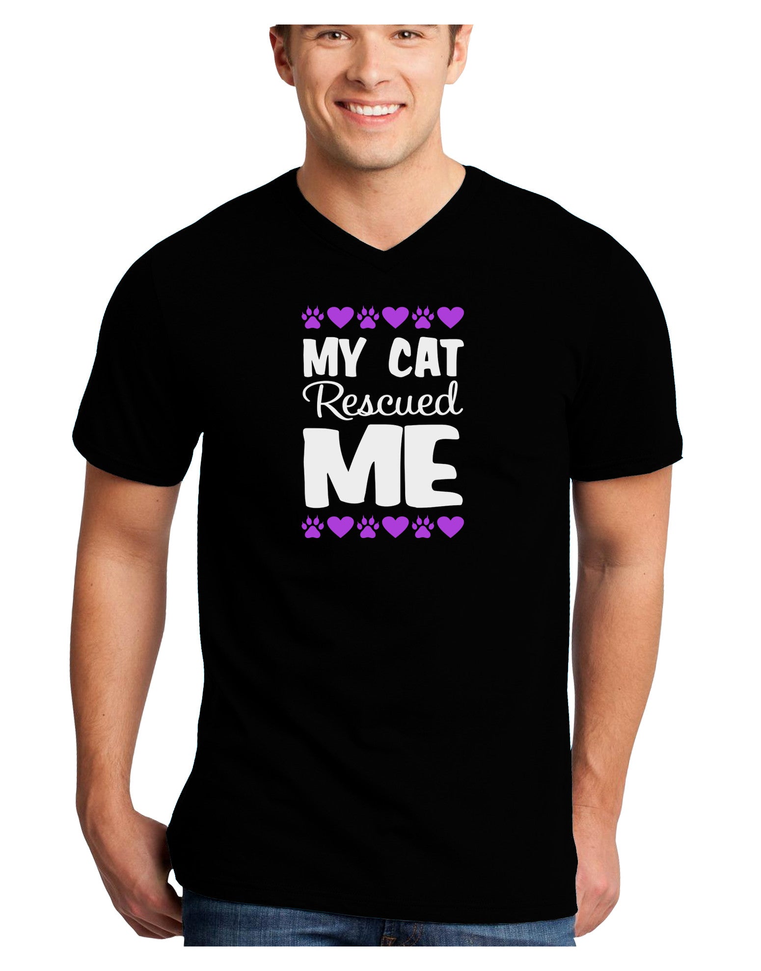 My Cat Rescued Me Adult Dark V-Neck T-Shirt-TooLoud-Black-Small-Davson Sales