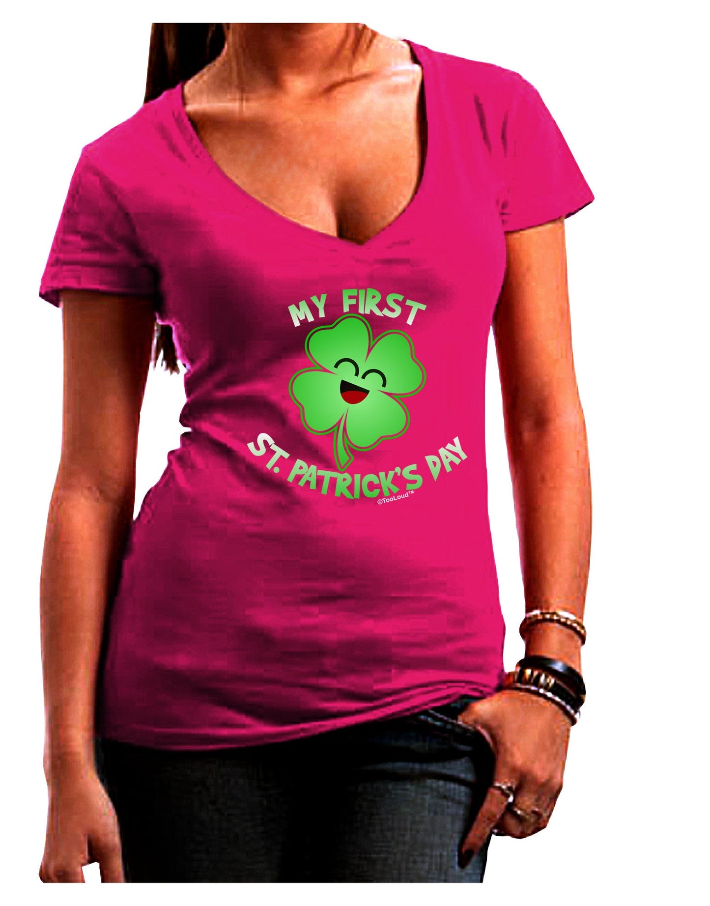 My First St. Patrick's Day Womens V-Neck Dark T-Shirt-Womens V-Neck T-Shirts-TooLoud-Hot-Pink-Juniors Fitted Small-Davson Sales