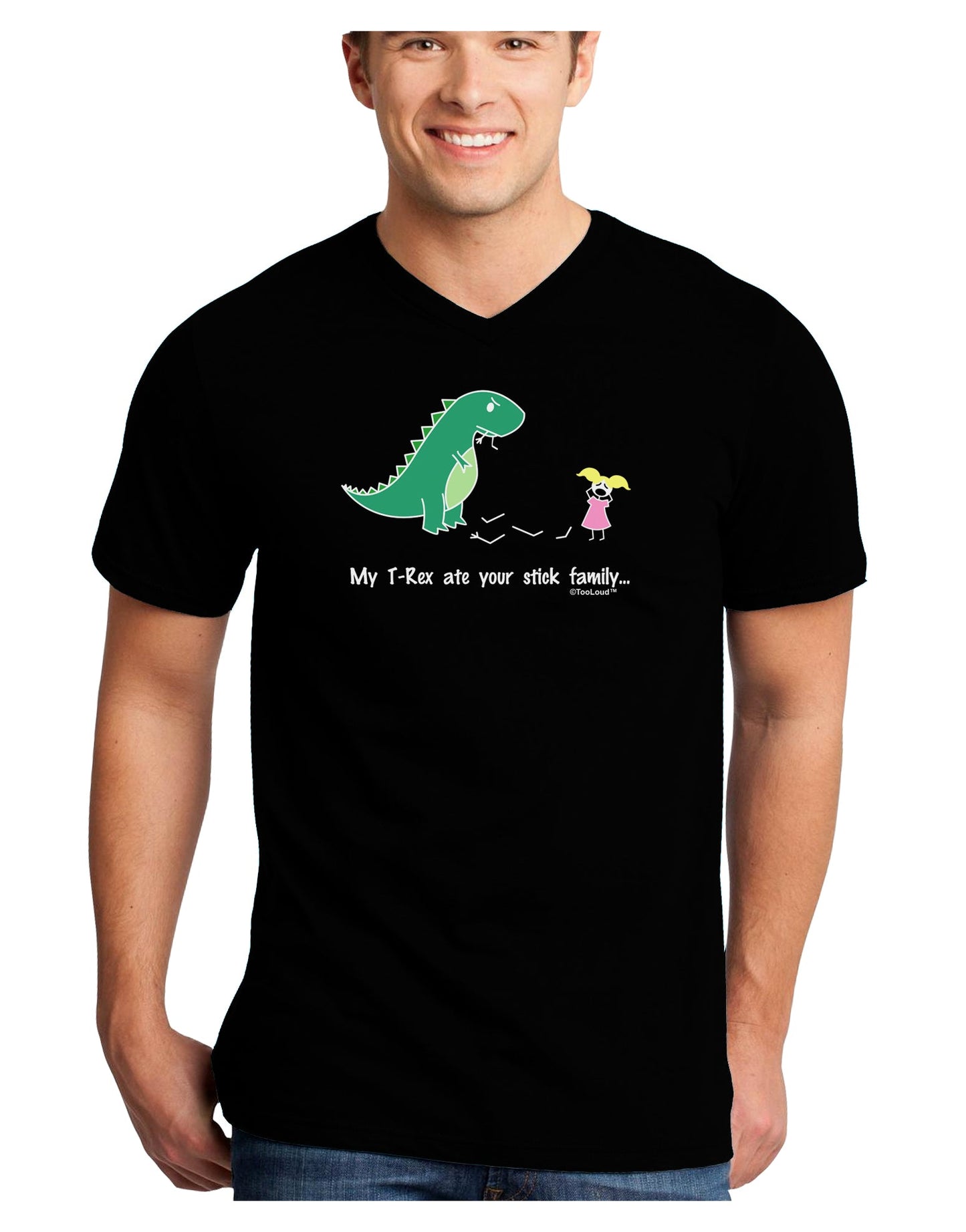 My T-Rex Ate Your Stick Family - Color Adult Dark V-Neck T-Shirt by TooLoud-Mens V-Neck T-Shirt-TooLoud-Black-Small-Davson Sales
