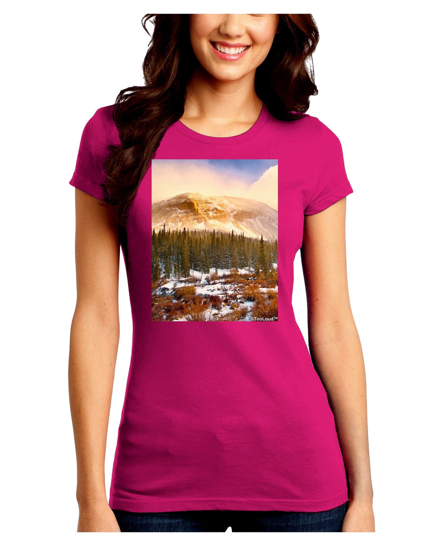 Nature Photography - Mountain Glow Juniors Petite Crew Dark T-Shirt-T-Shirts Juniors Tops-TooLoud-Hot-Pink-Juniors Fitted Small-Davson Sales