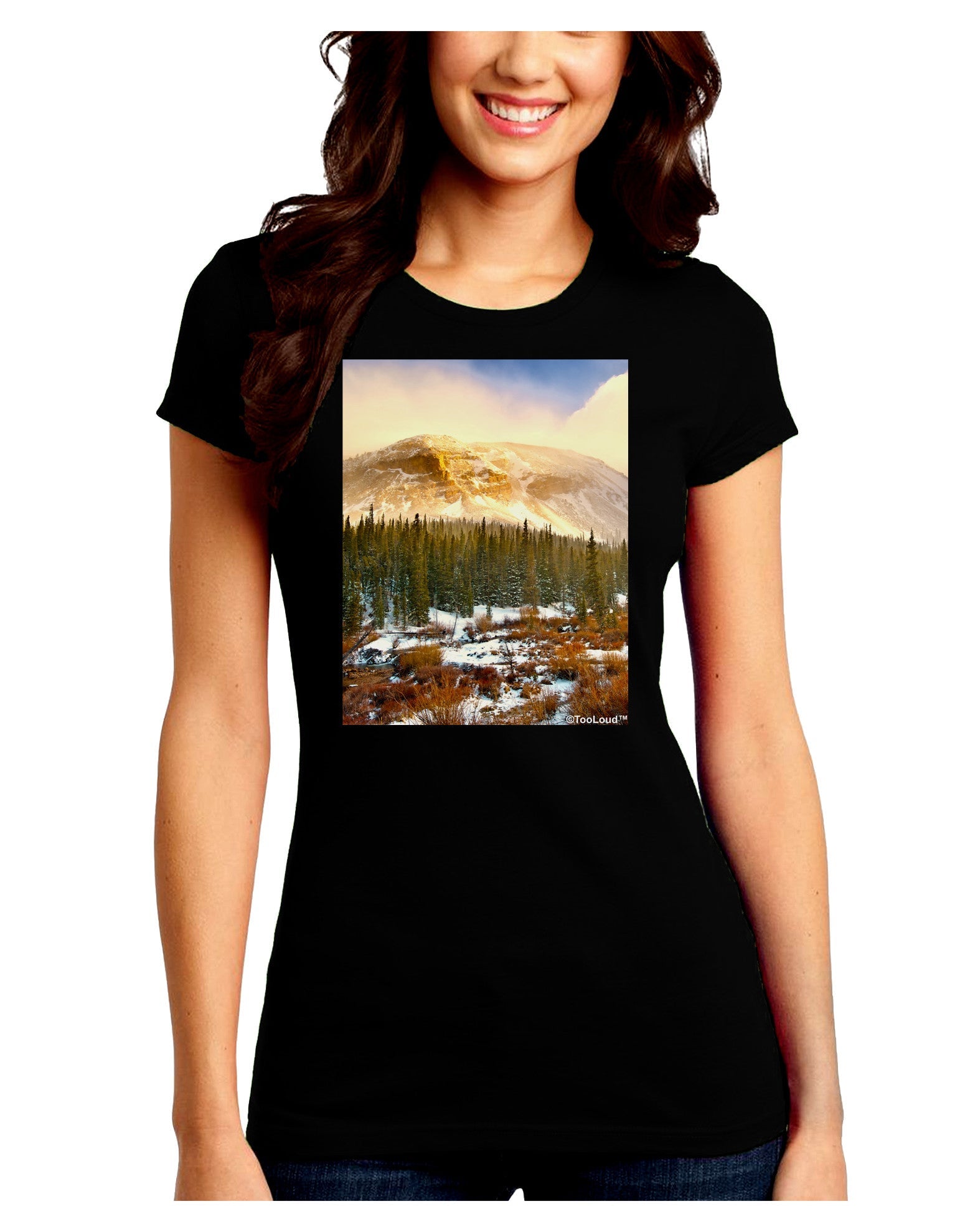 Nature Photography - Mountain Glow Juniors Petite Crew Dark T-Shirt-T-Shirts Juniors Tops-TooLoud-Black-Juniors Fitted Small-Davson Sales