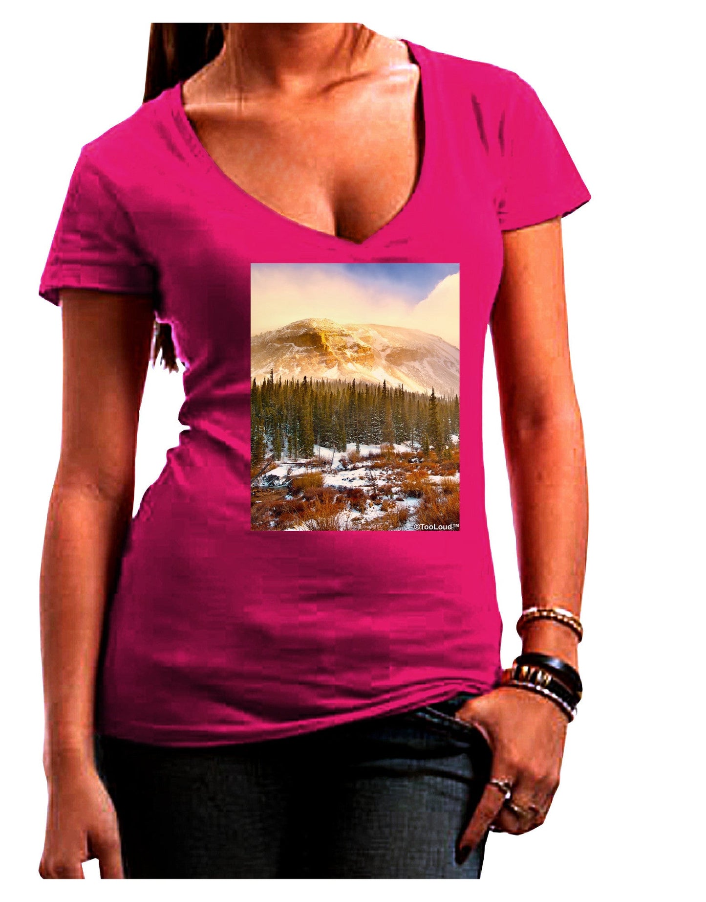 Nature Photography - Mountain Glow Womens V-Neck Dark T-Shirt-Womens V-Neck T-Shirts-TooLoud-Hot-Pink-Juniors Fitted Small-Davson Sales