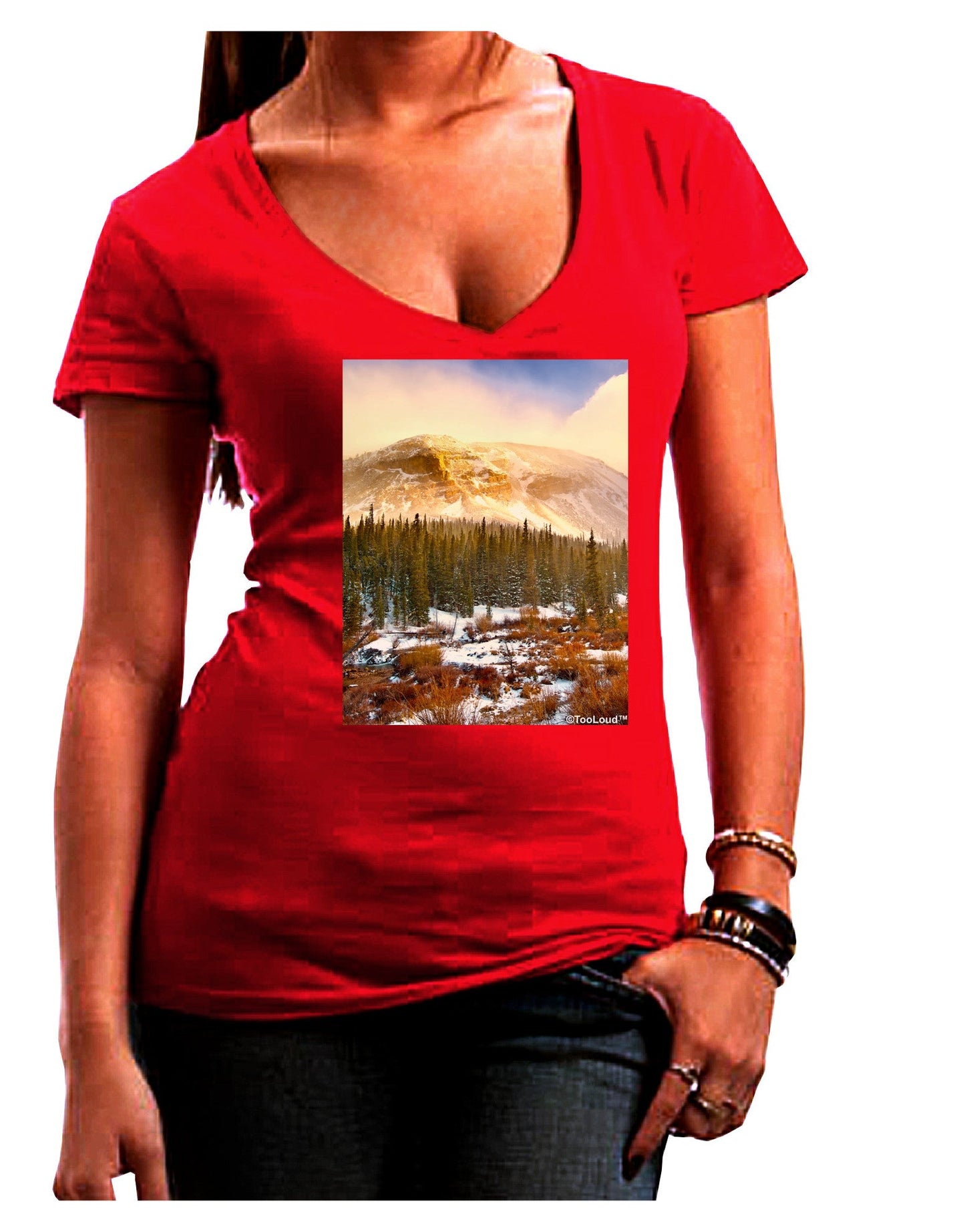 Nature Photography - Mountain Glow Womens V-Neck Dark T-Shirt-Womens V-Neck T-Shirts-TooLoud-Red-Juniors Fitted Small-Davson Sales
