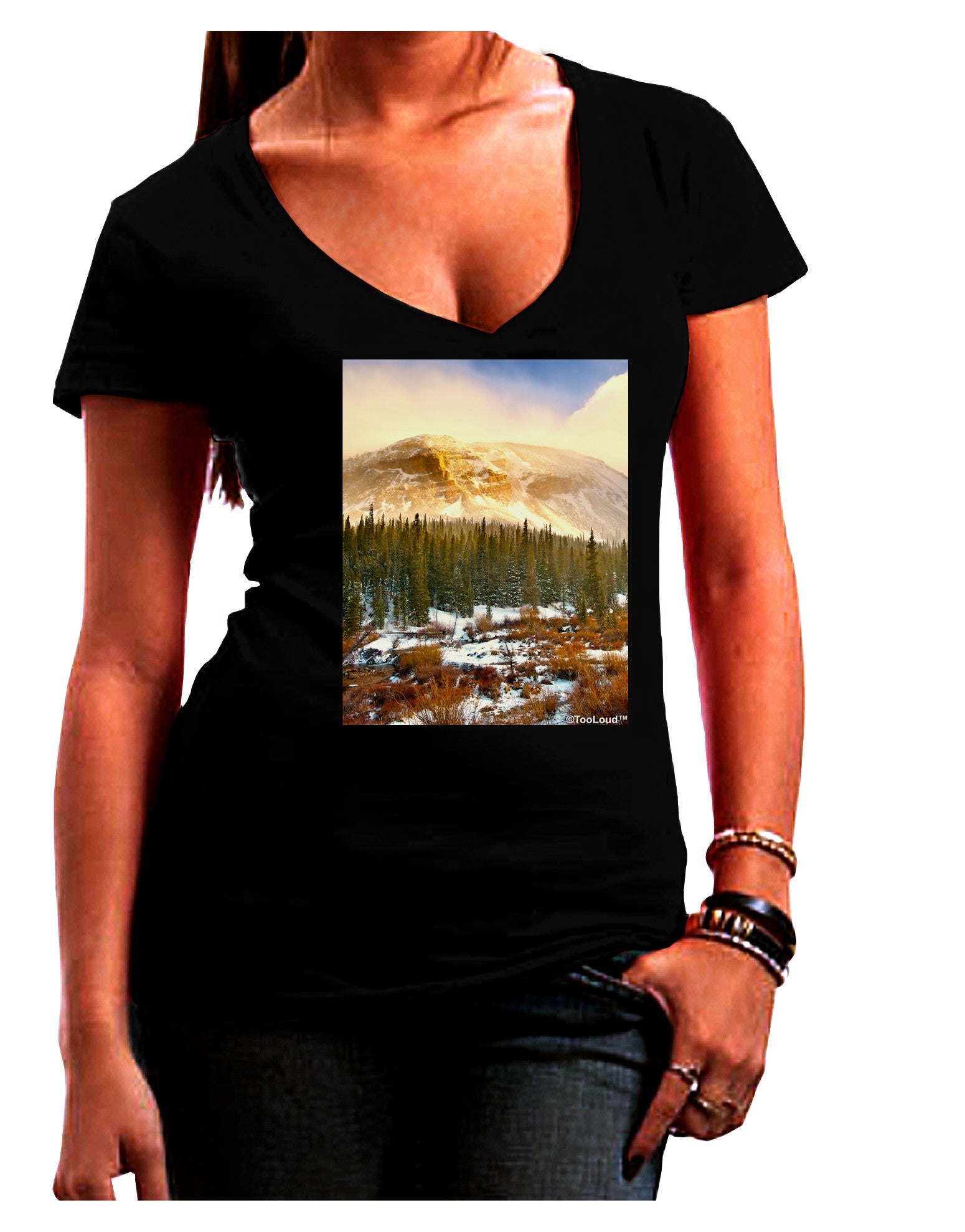 Nature Photography - Mountain Glow Womens V-Neck Dark T-Shirt-Womens V-Neck T-Shirts-TooLoud-Black-Juniors Fitted Small-Davson Sales