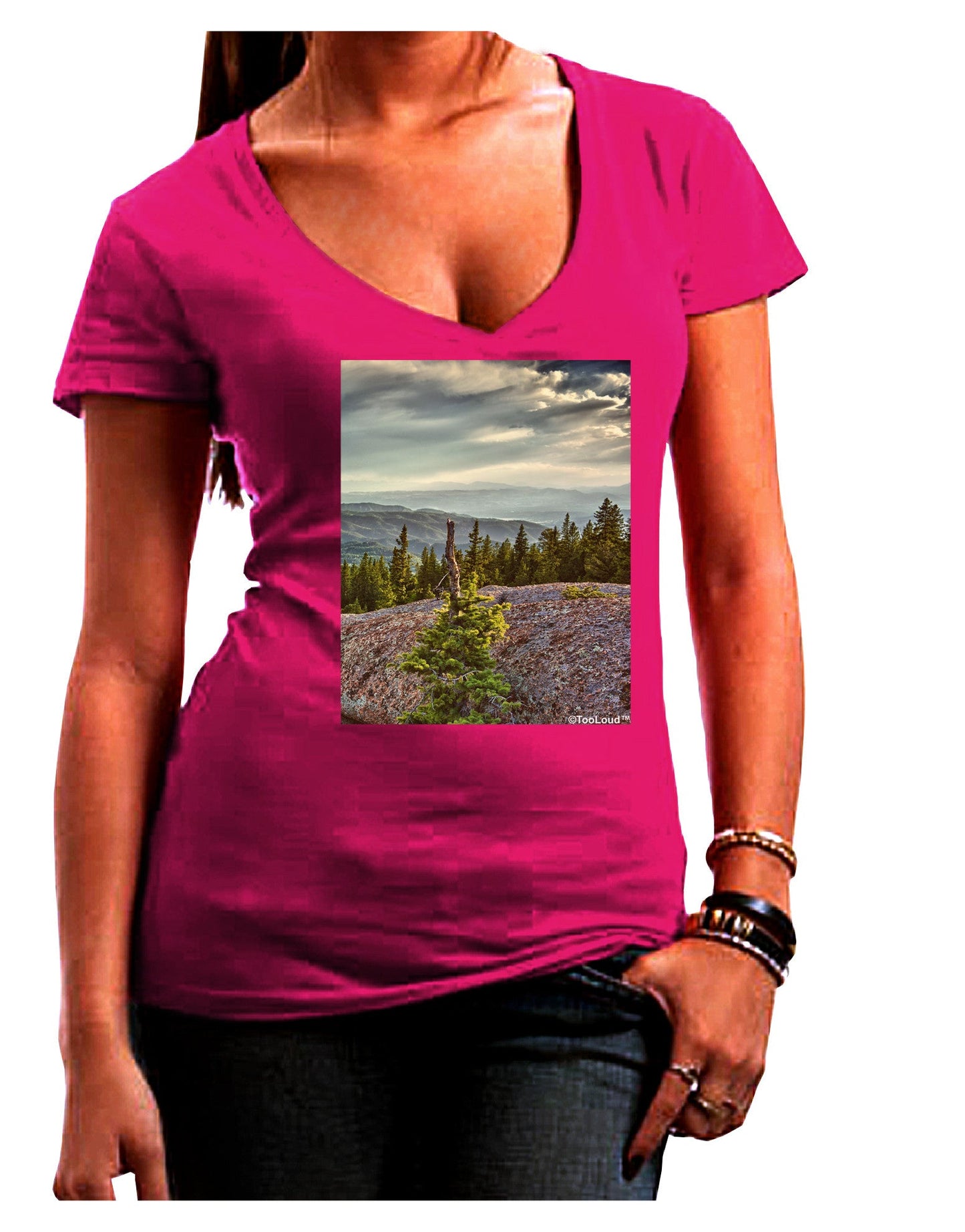 Nature Photography - Pine Kingdom Womens V-Neck Dark T-Shirt-Womens V-Neck T-Shirts-TooLoud-Hot-Pink-Juniors Fitted Small-Davson Sales