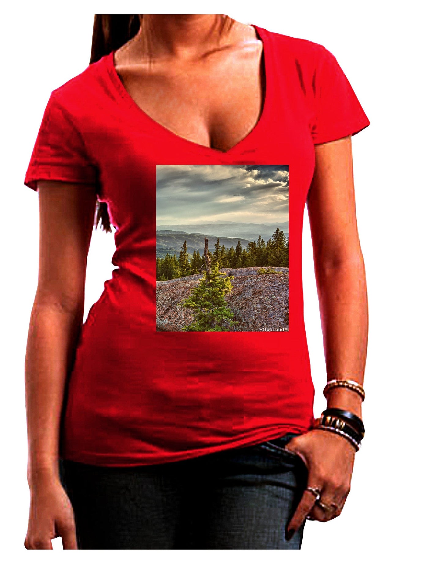 Nature Photography - Pine Kingdom Womens V-Neck Dark T-Shirt-Womens V-Neck T-Shirts-TooLoud-Red-Juniors Fitted Small-Davson Sales