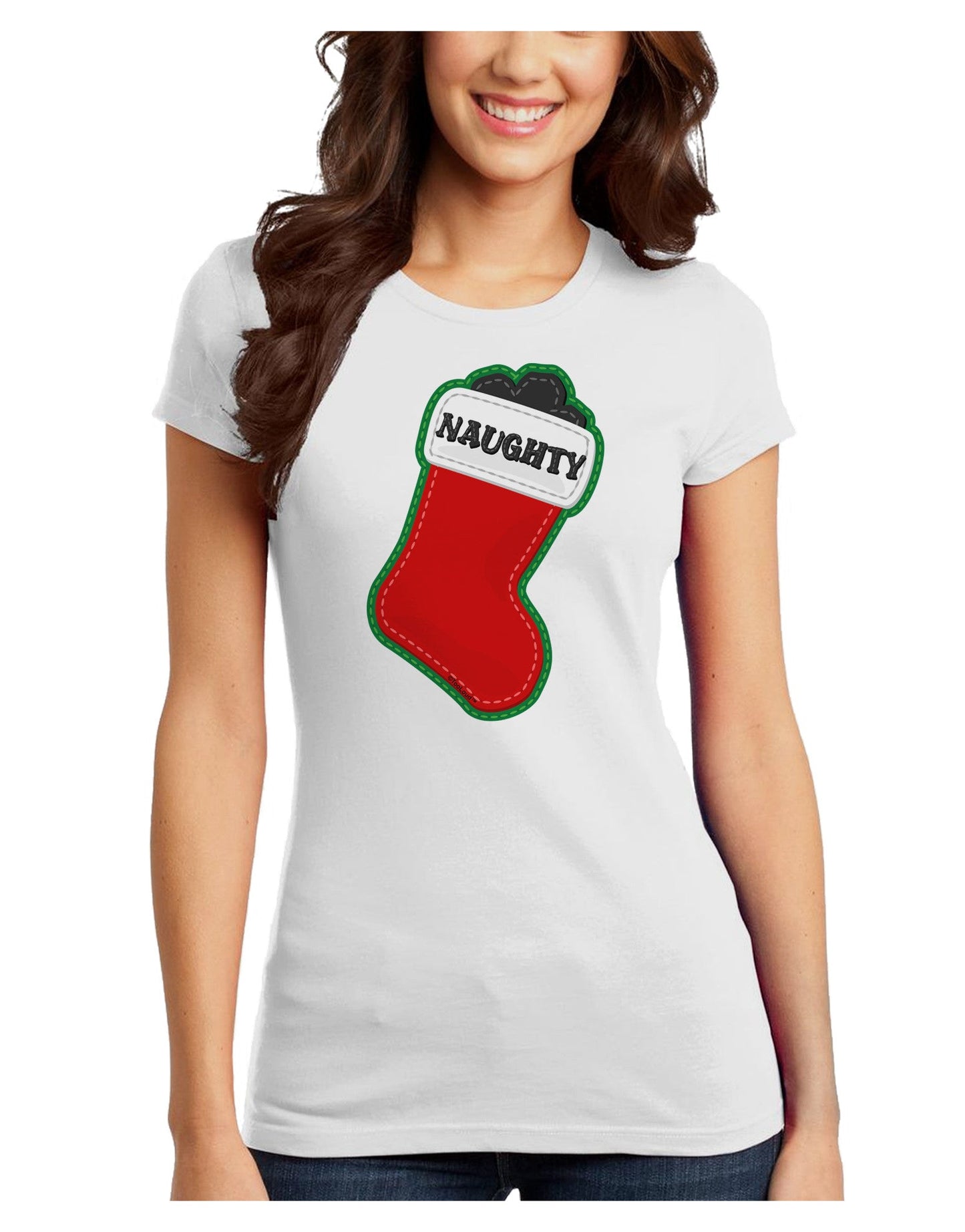 Naughty Coal Cute Christmas Stocking Juniors T-Shirt-Womens Juniors T-Shirt-TooLoud-White-Juniors Fitted X-Small-Davson Sales