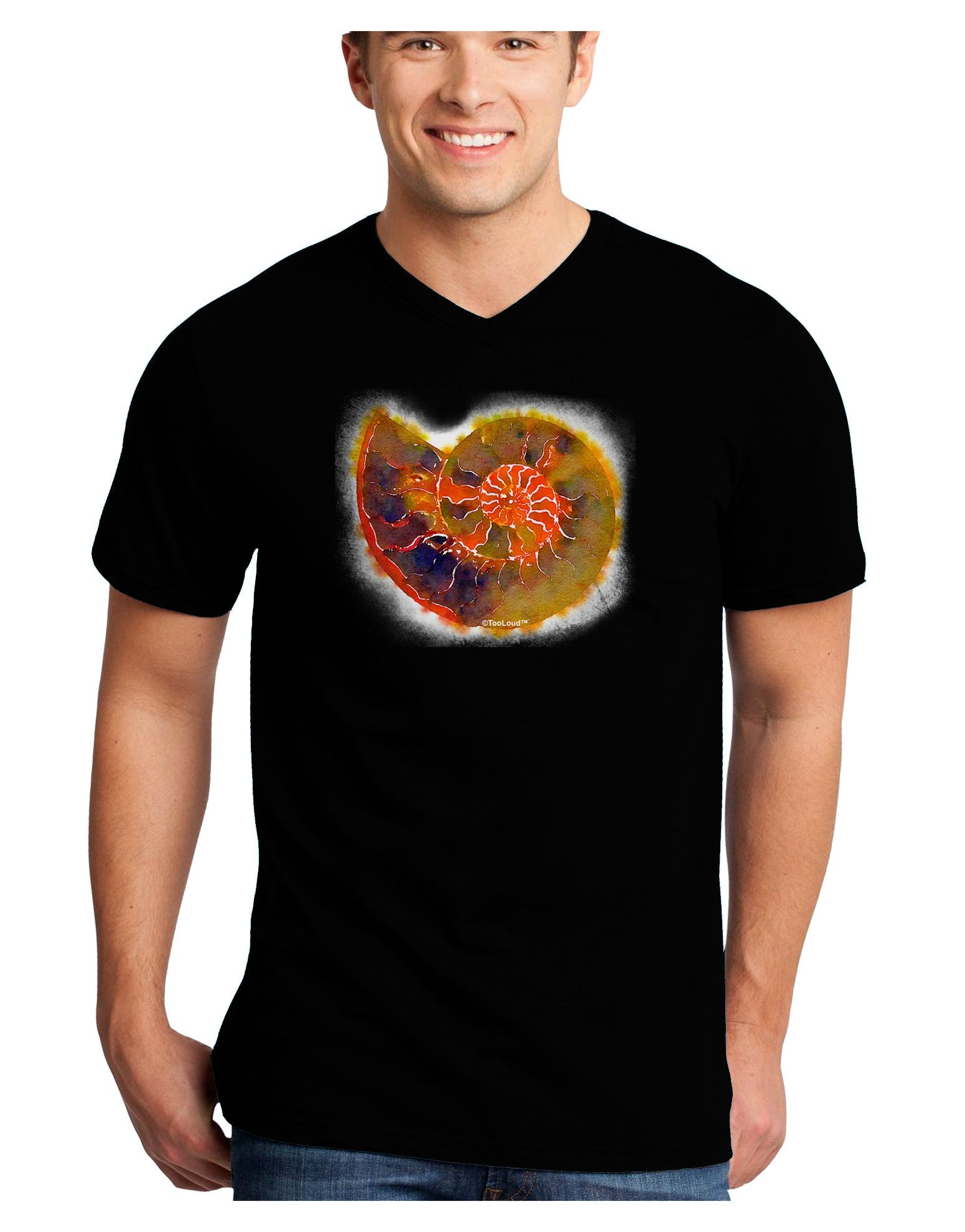 Nautilus Fossil Watercolor Adult Dark V-Neck T-Shirt-TooLoud-Black-Small-Davson Sales