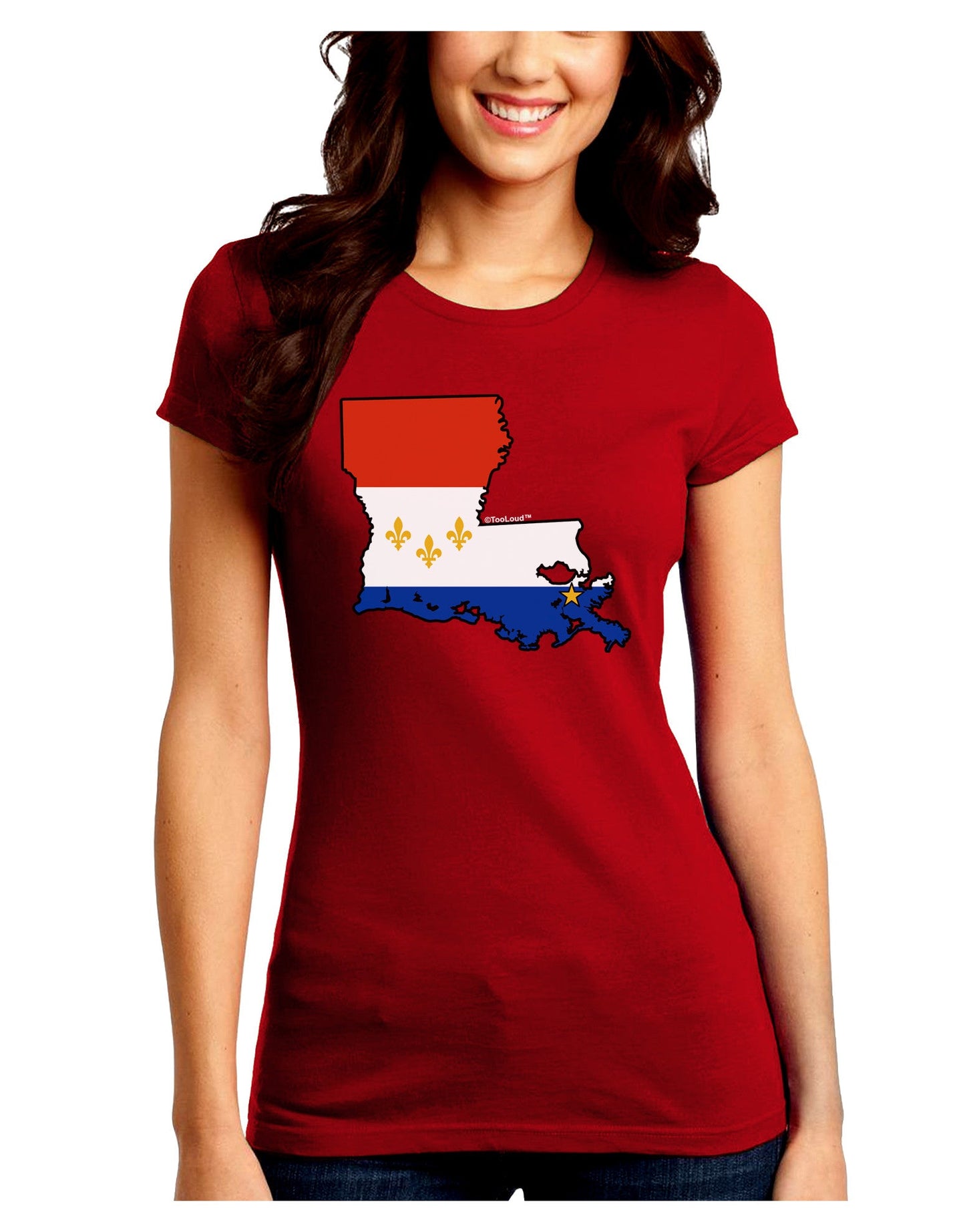 New Orleans Louisiana Flag Juniors Petite Crew Dark T-Shirt-T-Shirts Juniors Tops-TooLoud-Red-Juniors Fitted Small-Davson Sales