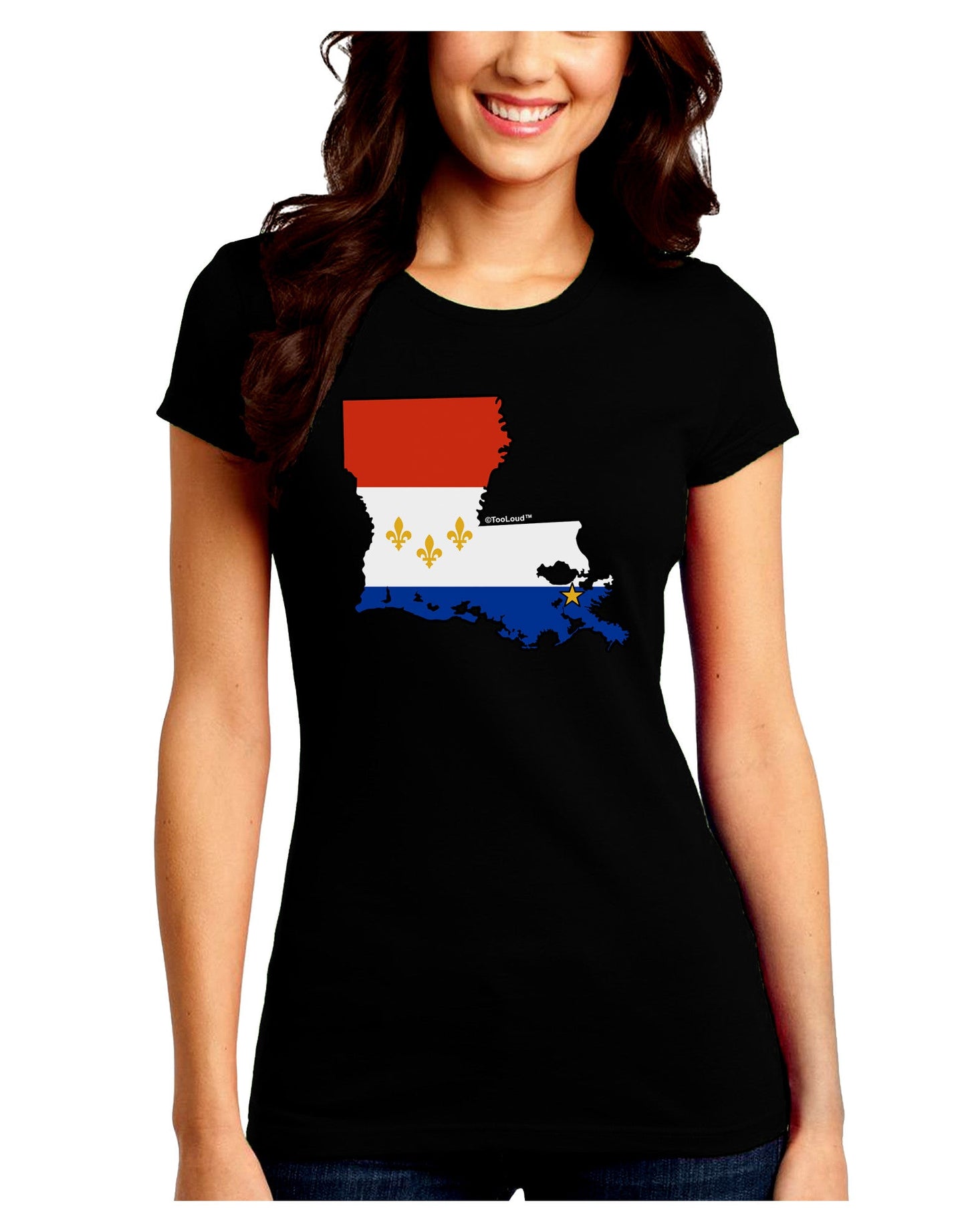New Orleans Louisiana Flag Juniors Petite Crew Dark T-Shirt-T-Shirts Juniors Tops-TooLoud-Black-Juniors Fitted Small-Davson Sales