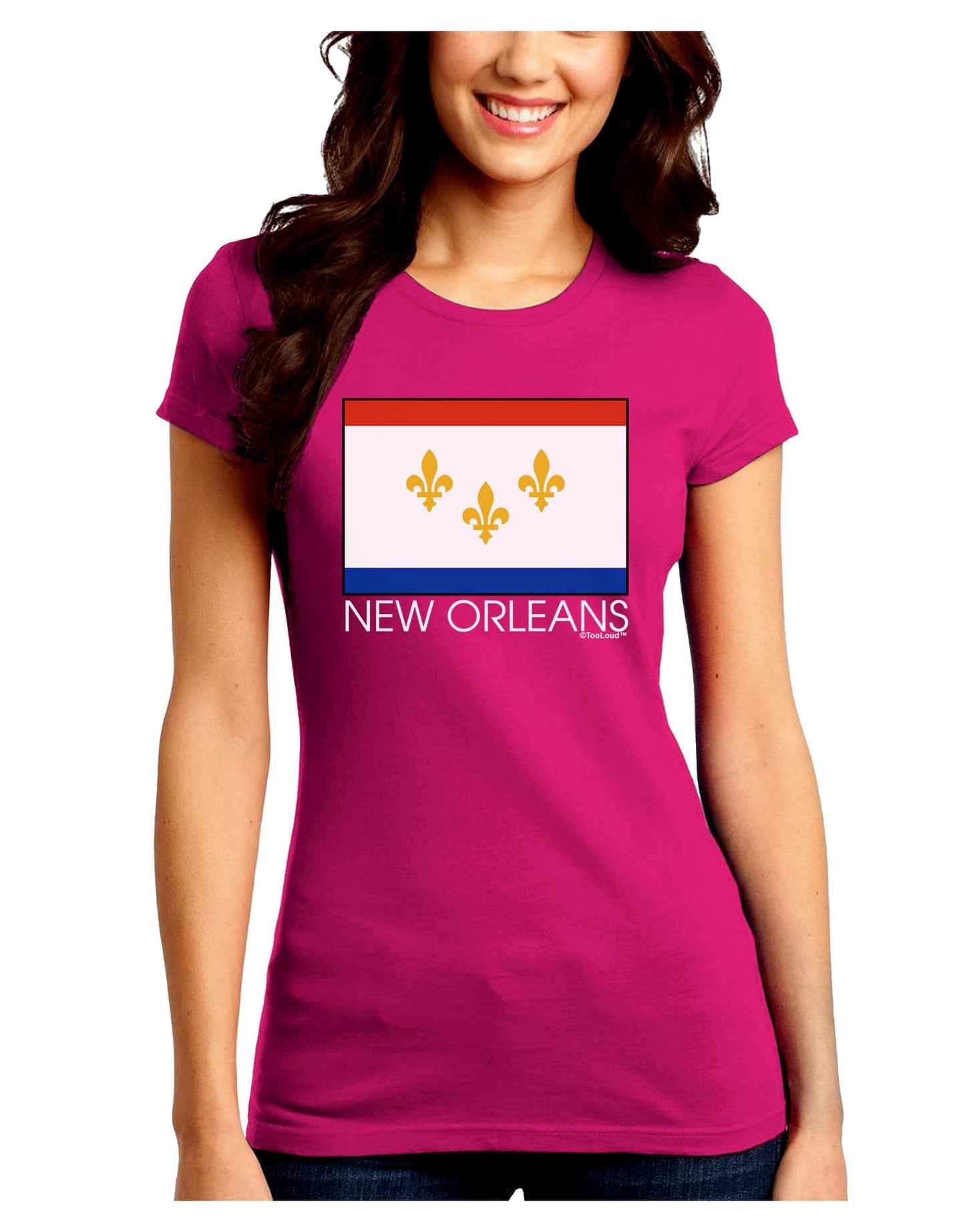 New Orleans Louisiana Flag Text Juniors Petite Crew Dark T-Shirt-T-Shirts Juniors Tops-TooLoud-Hot-Pink-Juniors Fitted Small-Davson Sales