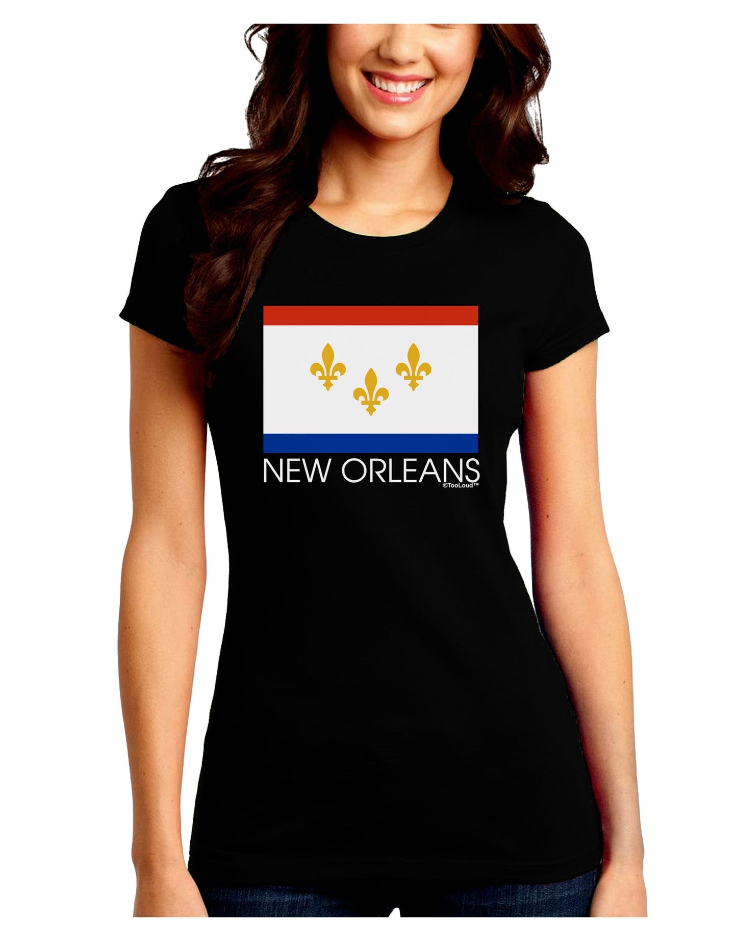 New Orleans Louisiana Flag Text Juniors Petite Crew Dark T-Shirt-T-Shirts Juniors Tops-TooLoud-Black-Juniors Fitted Small-Davson Sales